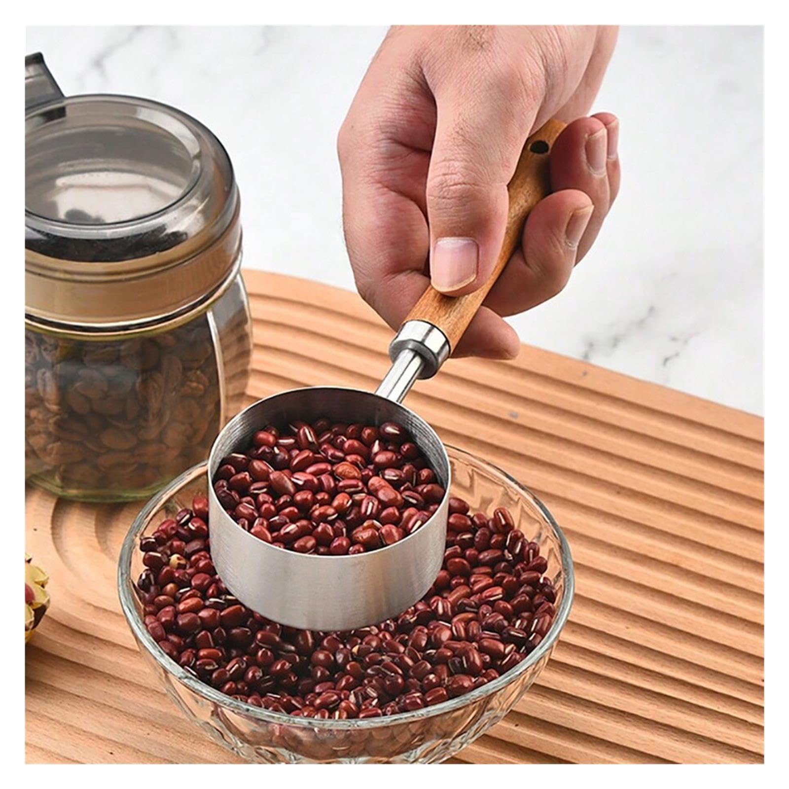 Vaso/cuchara medidora inox con mango de madera | Para café, condimentos y repostería; varias capacidades(4PCS L silver)