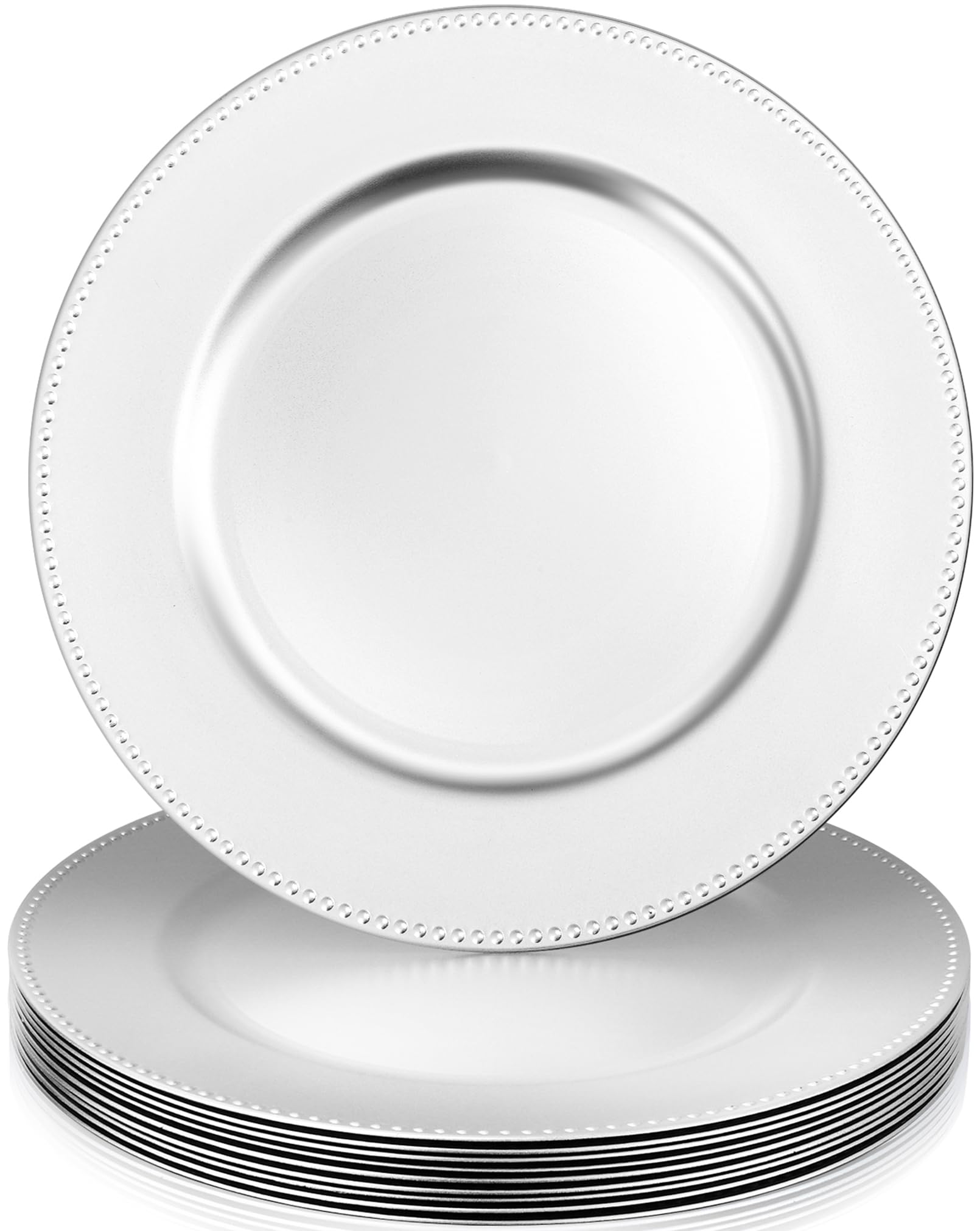 10 pack charger plates bulk, 13 inch silver plastic charger plates, plastic round plate chargers for wedding, party, dinner, event table setting, elegant tabletop decoration