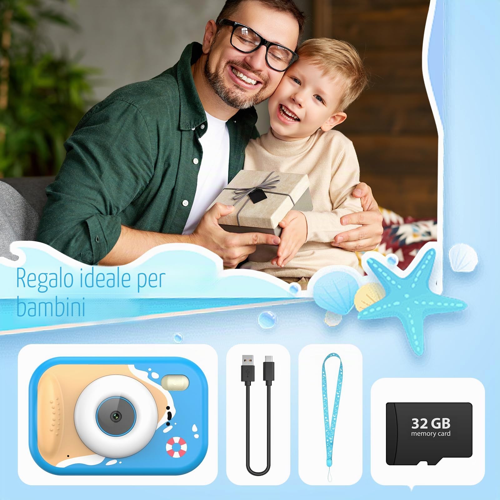 Macchina Fotografica Bambini, Fotocamera Impermeabile Bambini 48MP 1080P Macchina Fotografica Digitale Subacquea con 2,4 Pollici Schermo, 32GB Scheda, Flash LED, Regalo per Bambina e Bambino 3-12 Anni