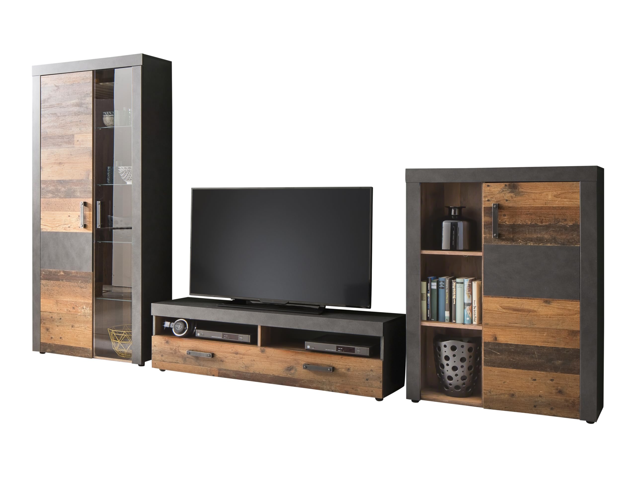 trendteam smart living - Indy - Wohnwand - Eiche/Grau - Anbauwand mit Stauraumvitrine, Stauraumelement, TV-Unterschrank und Wandboard - (BxHxT) 343 x 189 x 40 cm - antikfarbene Griffe