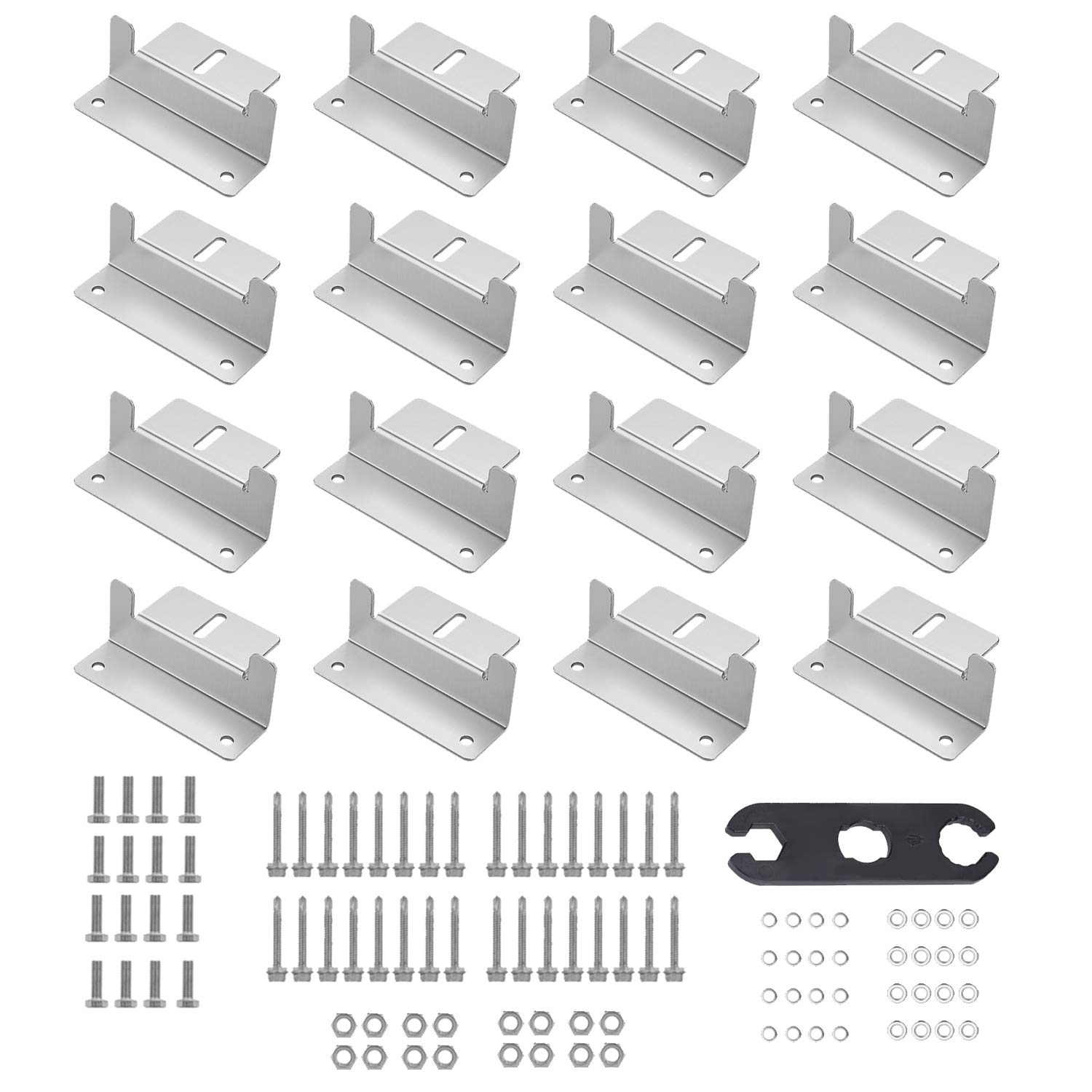 AnsxiySolar Panel Mounting Brackets, Roof Panels Z Bracket Kit with Nuts Bolts, Solar Connector Metal Spanner Wrench Supporting for RV Camper, Boat, Off Gird Roof Installation Set of 4 Units(16PCS)