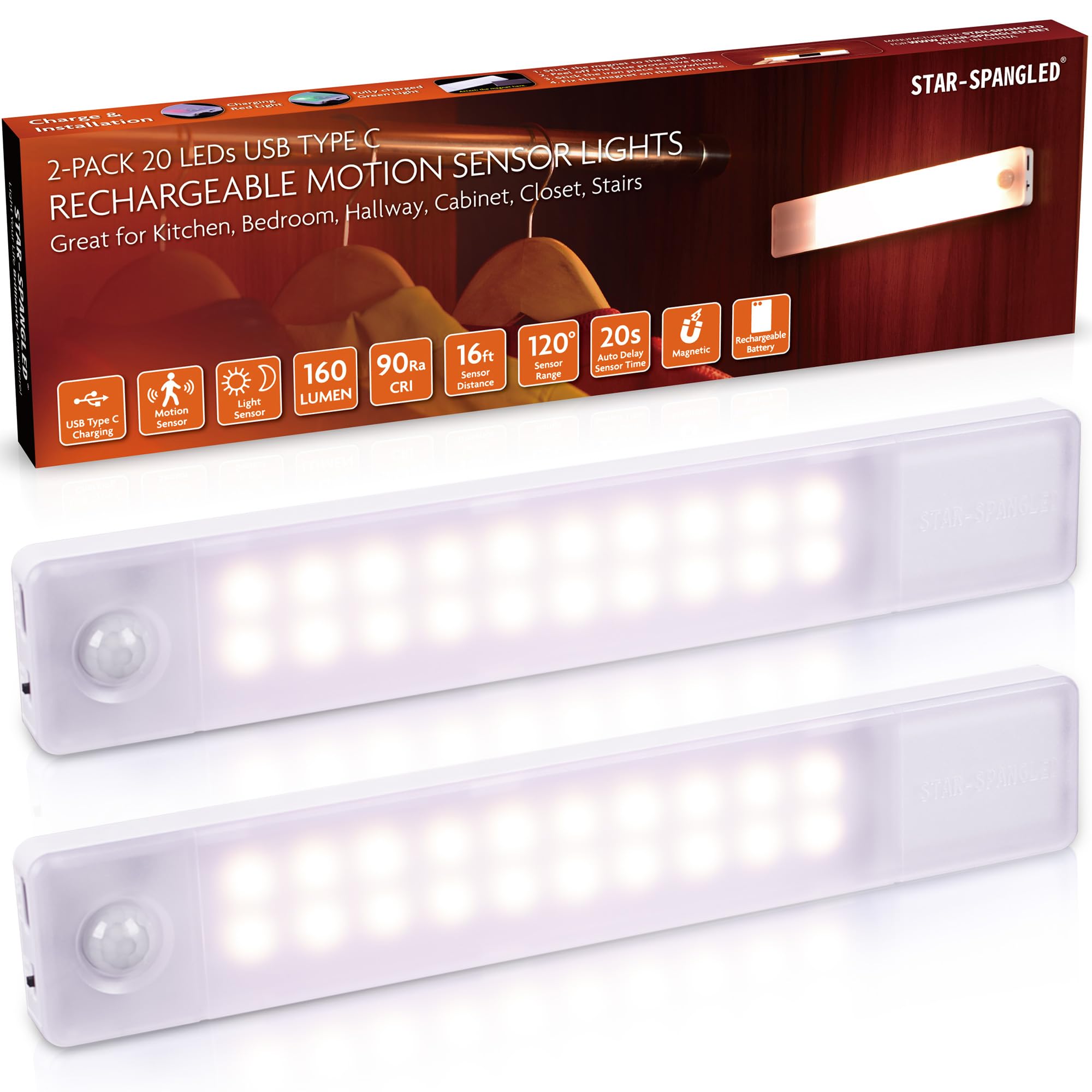 STAR-SPANGLED Under Cabinet Lighting Rechargeable, 8 inch Motion Sensor Lights Indoor Battery Operated, USB Stick on LED Magnetic Closet Light for