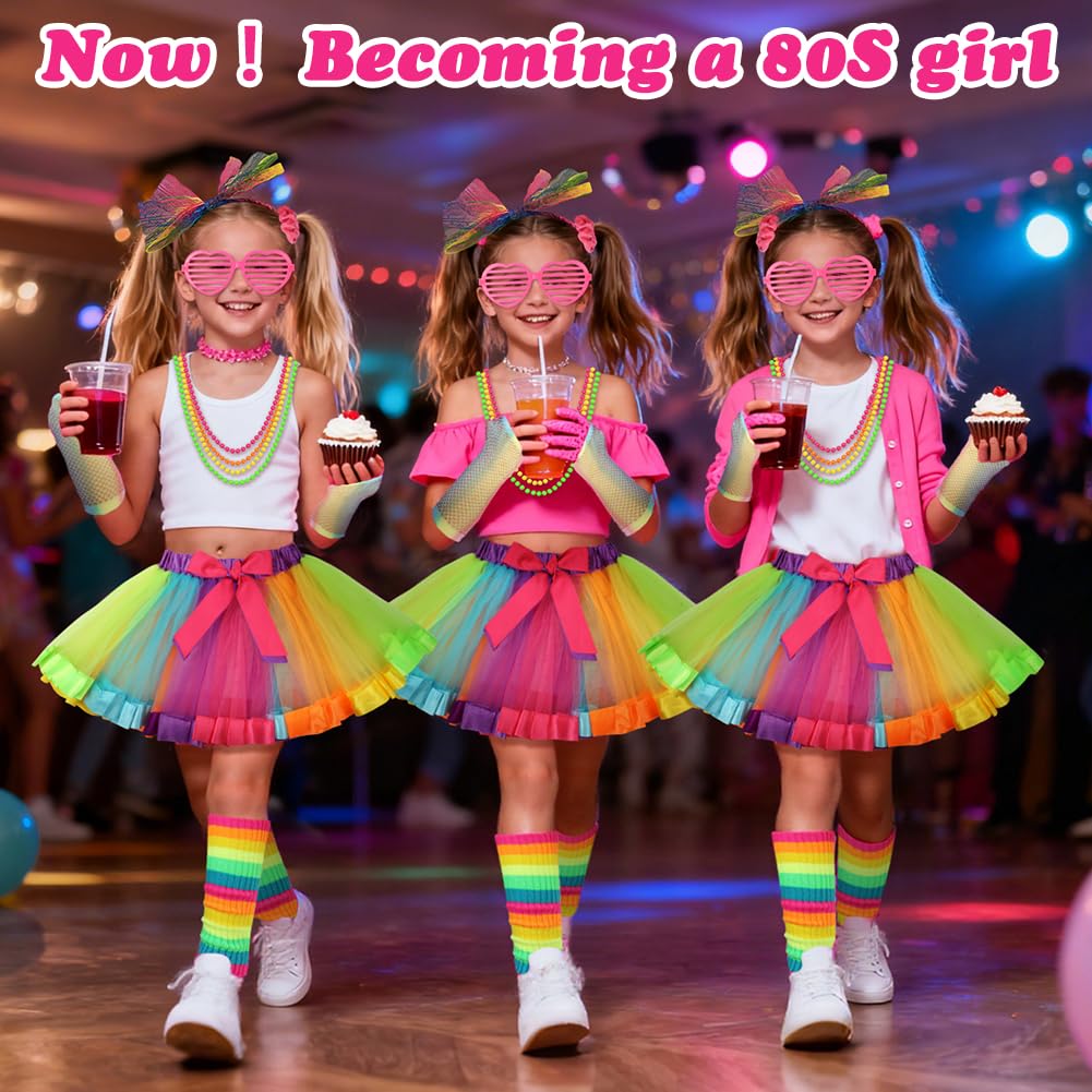 BSBUY 80s Fancy Dress Costume for Kids 21 Pcs 1980s Neon Costume Fancy Dress Outfit Dress Up with Tutu Skirt Fishnet Gloves Leg Warmers Glasses Bracelets Necklaces Headband Anklets Wristbands - Image 4