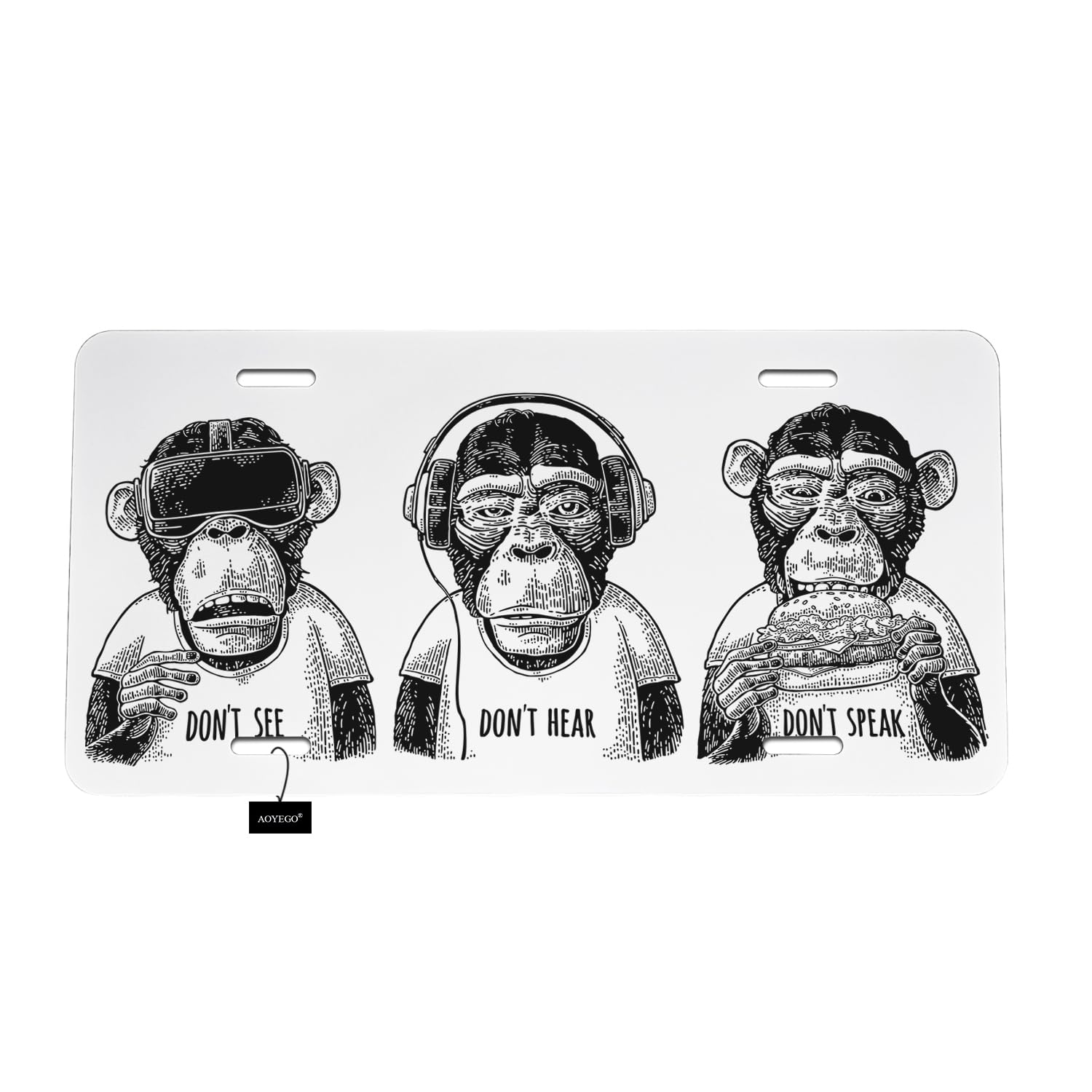 AOYEGO License Plate Monkey Front Car Tag Digital License Plate Don't See Don't Hear Don't Speak Handwriting Us Standard 6 X 12 Inch (4 Holes)