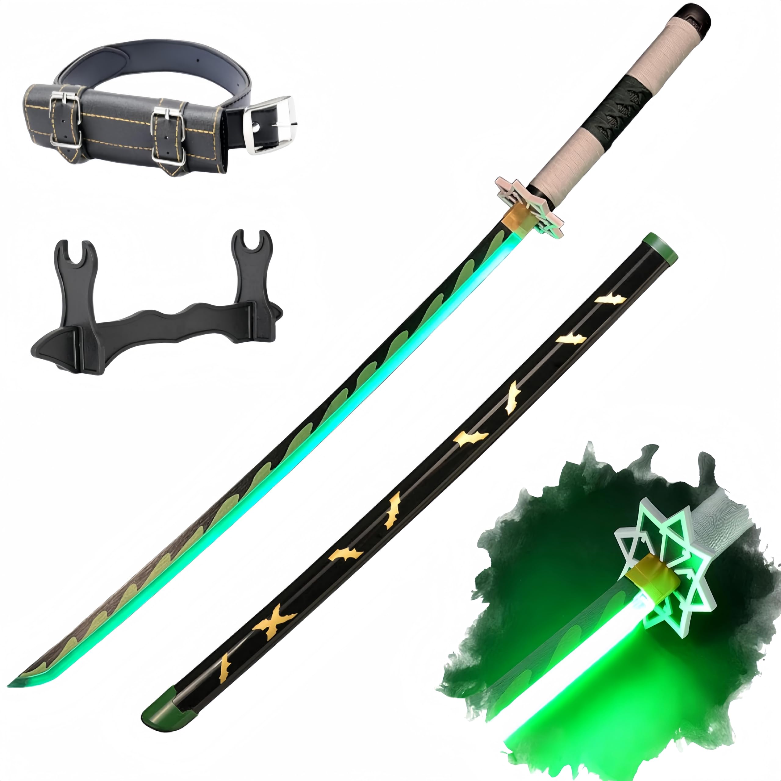 Demon Katana Sword, Light Up Sword, 41 Inches Rechargeable, with Display Stand and Belt, Suitable for sanemi Cosplay and Collection, Anime Original Texture.