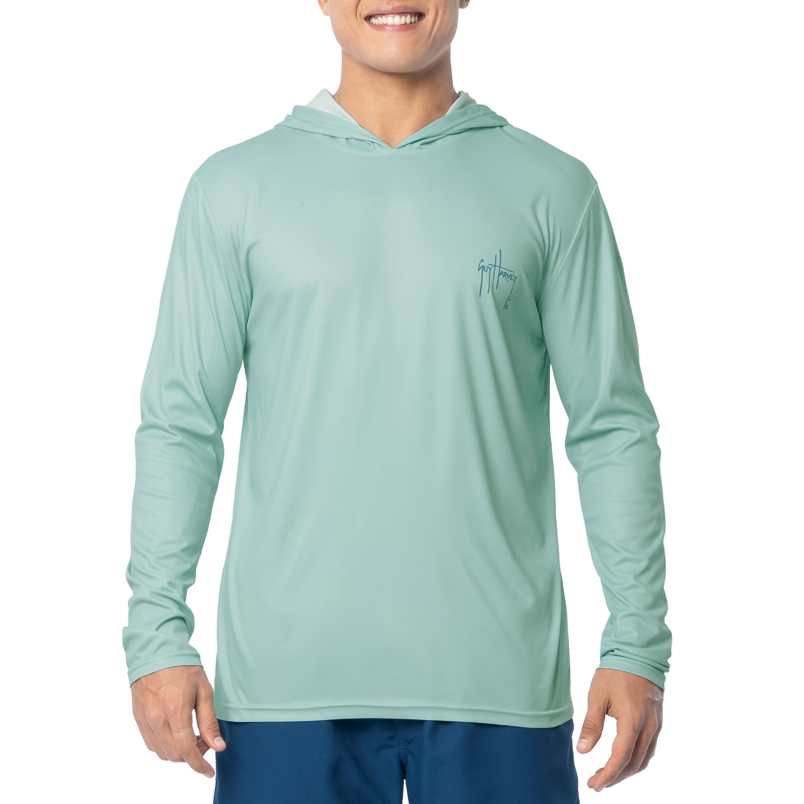 Guy Harvey Men's Iced Aqua/Saltwater Stamp Eco Cast Perfomance Sun Protection Long Sleeve Hoodie, M