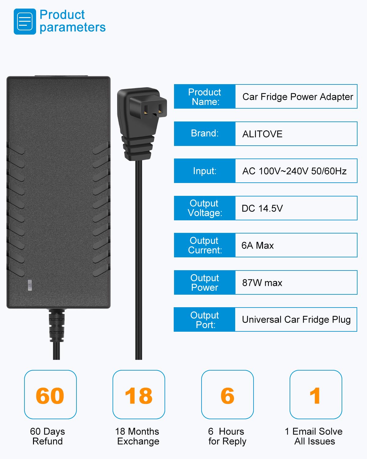 ALITOVE Car Refrigerator AC Adapter Power Cord 11FT for 12V Portable Freezer Electric Cooler 45W 60W 80W 87W, AC to DC Converter Power Supply for 12 Volt Fridge