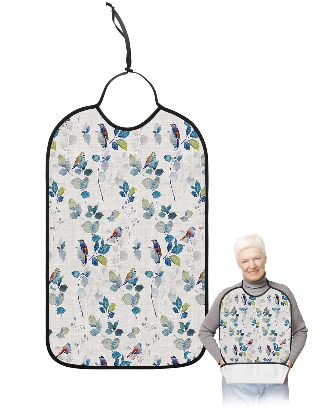 LEOKOTI Pastoral Birds Adult Bibs for Eating, Waterproof Bibs with Food Catcher & Adjustable Snap Closure, Watercolor Blue Teal Botanical Rustic Washable Clothing Protectors Adult Bibs for Elderly