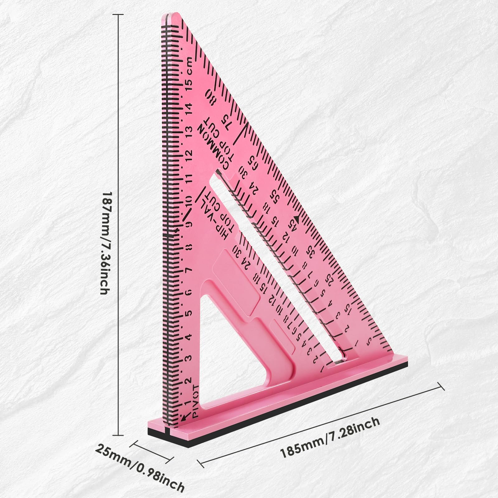 7 Inch Woodworking Triangle Ruler, Metric and Imperial Plastic Carpenter Square, Precision Right Angle Measuring Ruler, Clear Scale Square Protractor for Woodworking and Carpentry (Pink)