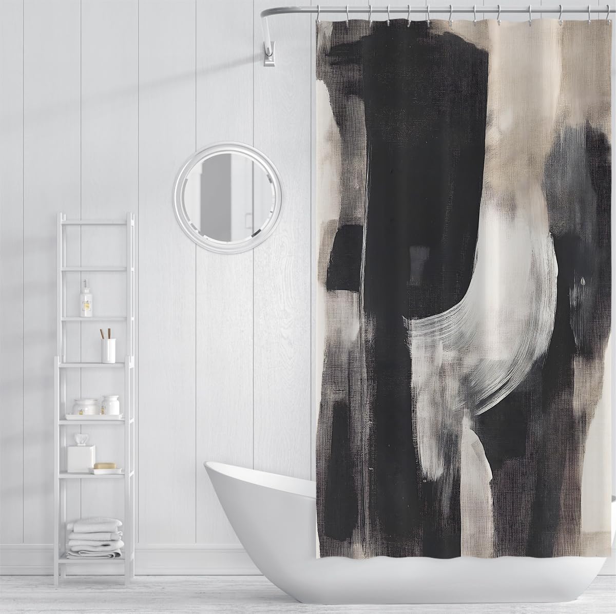 Cortina de ducha Retro de mediados de siglo Expresionismo Abstracto cortinas de ducha Con ganchos zmywalne w máquina Decoración de baño de secado rápido Negra y Szary 150 x 200 cm