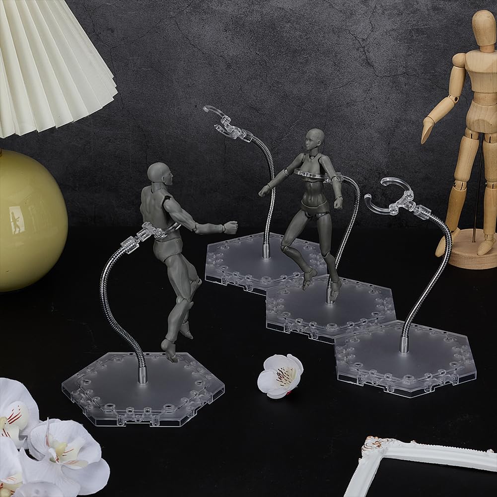 FINGERINSPIRE 4Sets Adjustable Clear Snake Arm Doll Stand Holder Hexagon Base for Action Figure Collectible Model Display Bendable Alloy Support Arm Durable Plastic Base for Waist 3cm Model Display - Image 4