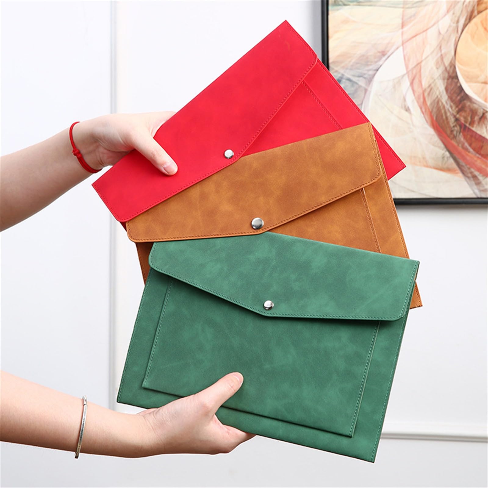 LYVQZPWLRcartella PU pelle, Cartelle portadocumenti in pelle A4, borsa portadocumenti impermeabile con bottone a pressione(Red)