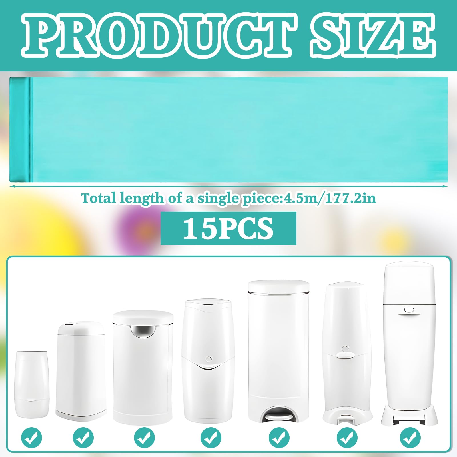 15 Piezas Recambios Cubos de Pañales, 4,5M Recambios Papelera Pañales Originales, Recambios Cubos de Pañales Compatible con Todos Contenedores de Pañales, Antiodor