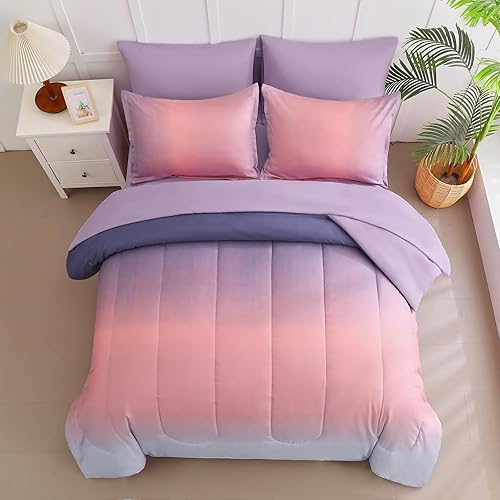 Miniatura 3 de Dinjoy Juego de edredón para niñas, tamaño individual, colorido arcoíris, degradado, rosa, morado, azul claro, juego de ropa de cama de 6 piezas en