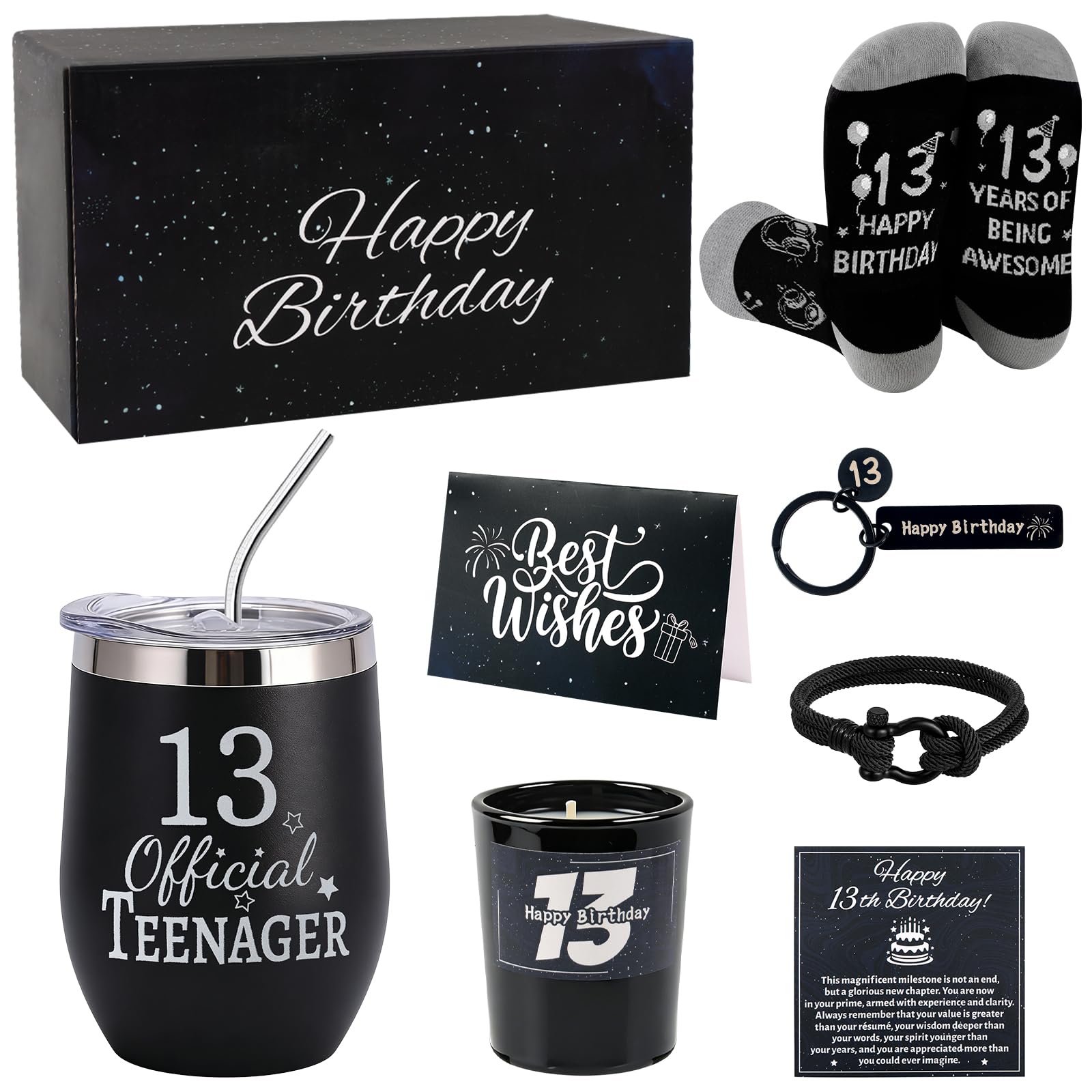 Belillpipi 13th Birthday Gifts for Boys, Cheers to 13 Years Tumbler Gift Baskets, Unique Gifts Set for 13th Teenage Boys Son Grandson Nephew Friend Birthday