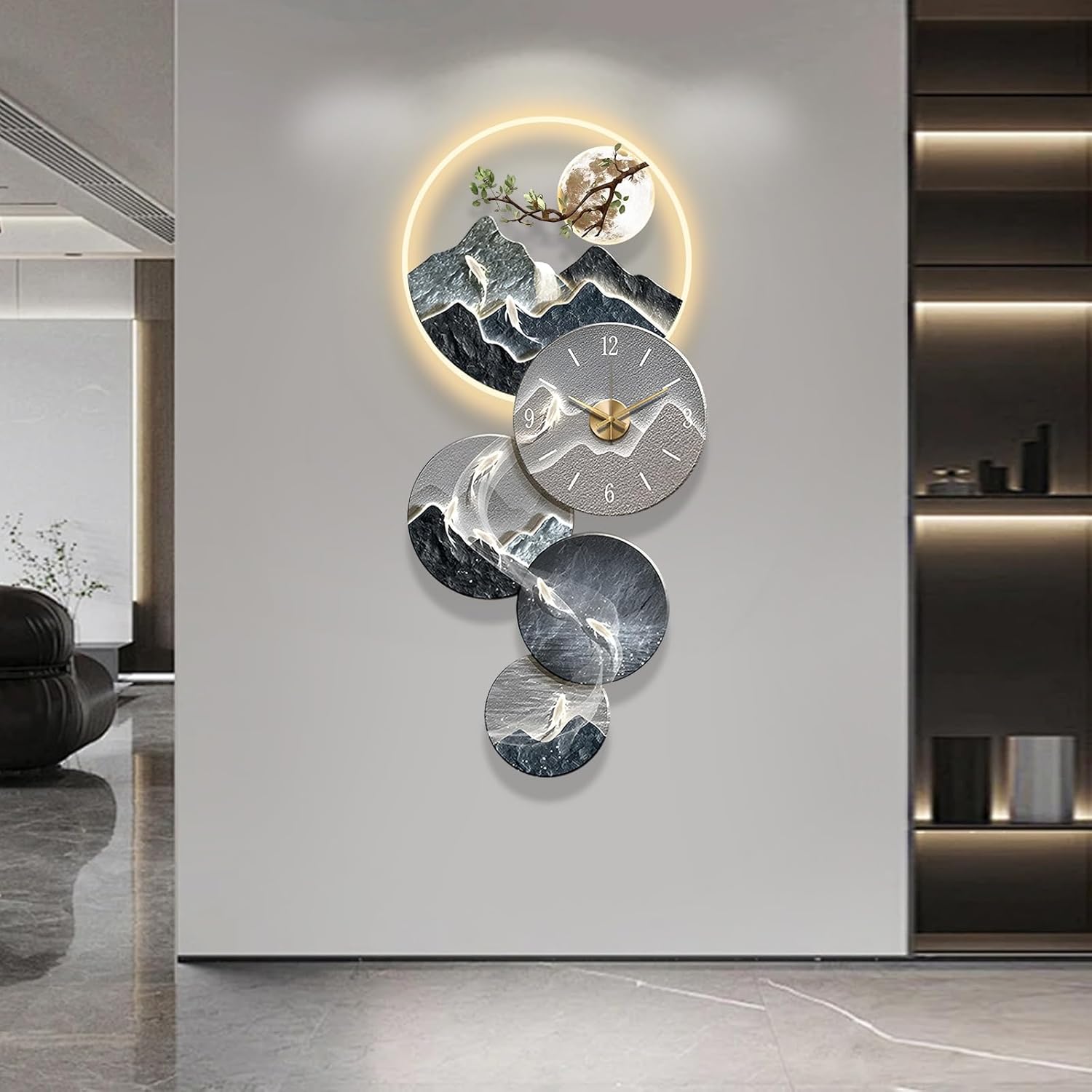 Creative Wall Art Decoration with Warm Lights 3D Wall Art Clock with LED Lights Large Family Hanging Sculpture Painting China for Living Room Bedroom Entrance(C,23.62x47.24in)