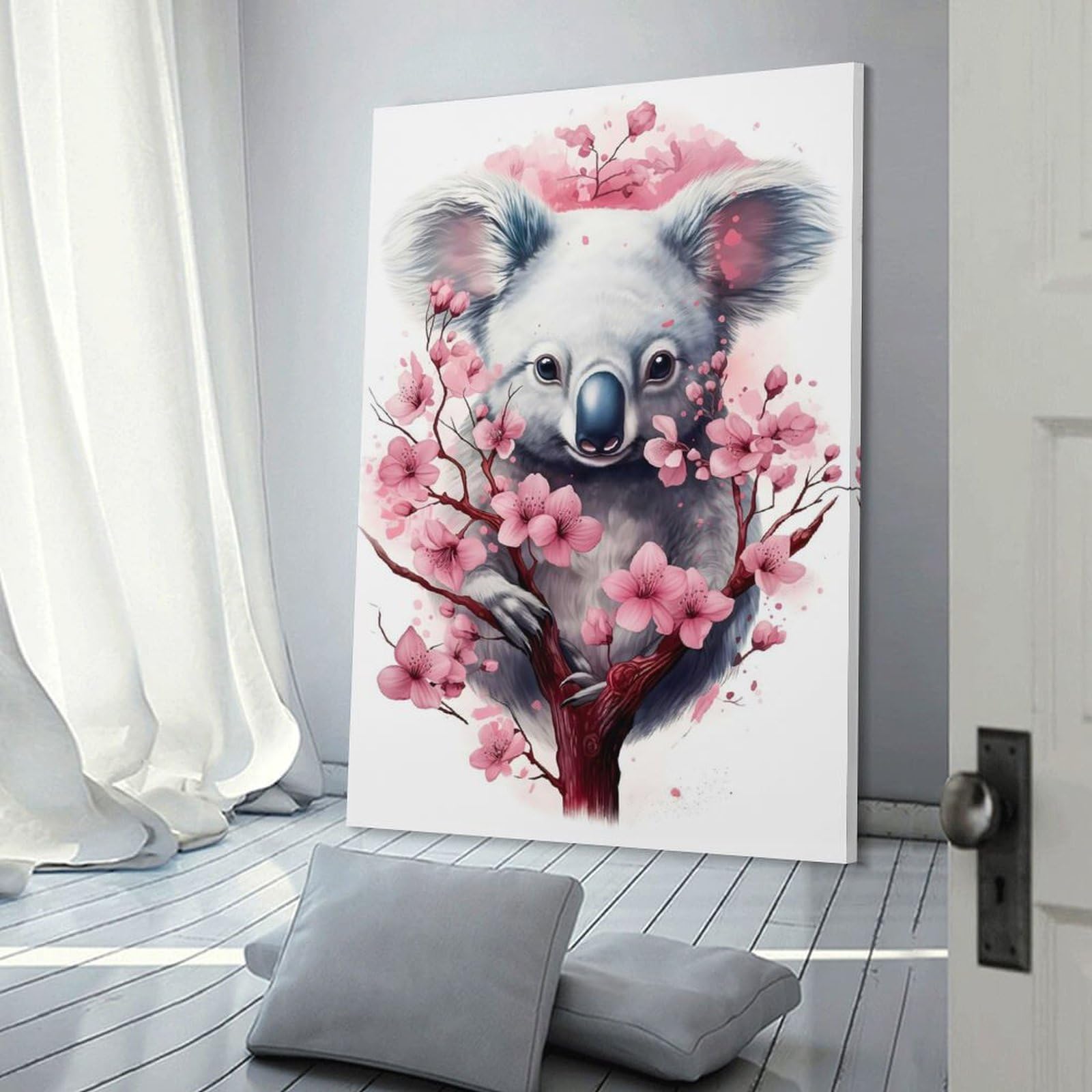 Junmoney Frame-Style-1 Canvas Wall Art Cherry Blossom Koala, 24X36inch(60X90cm), For Lounge Decor, Bedroom Walls Or Flats, Eye Catching Artwork For Blank Walls