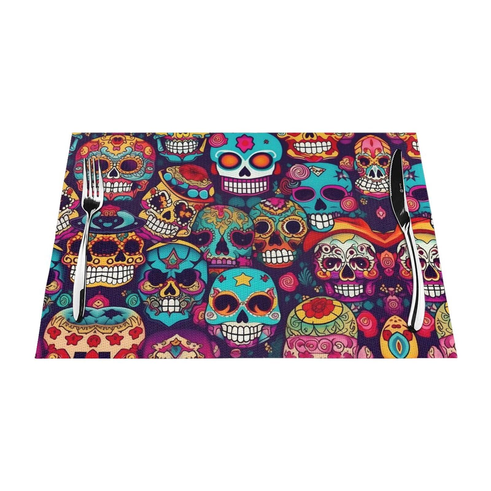 Placemats Set of 6,Table Mats Washable Placemat Decoration, Sugar Skulls Print