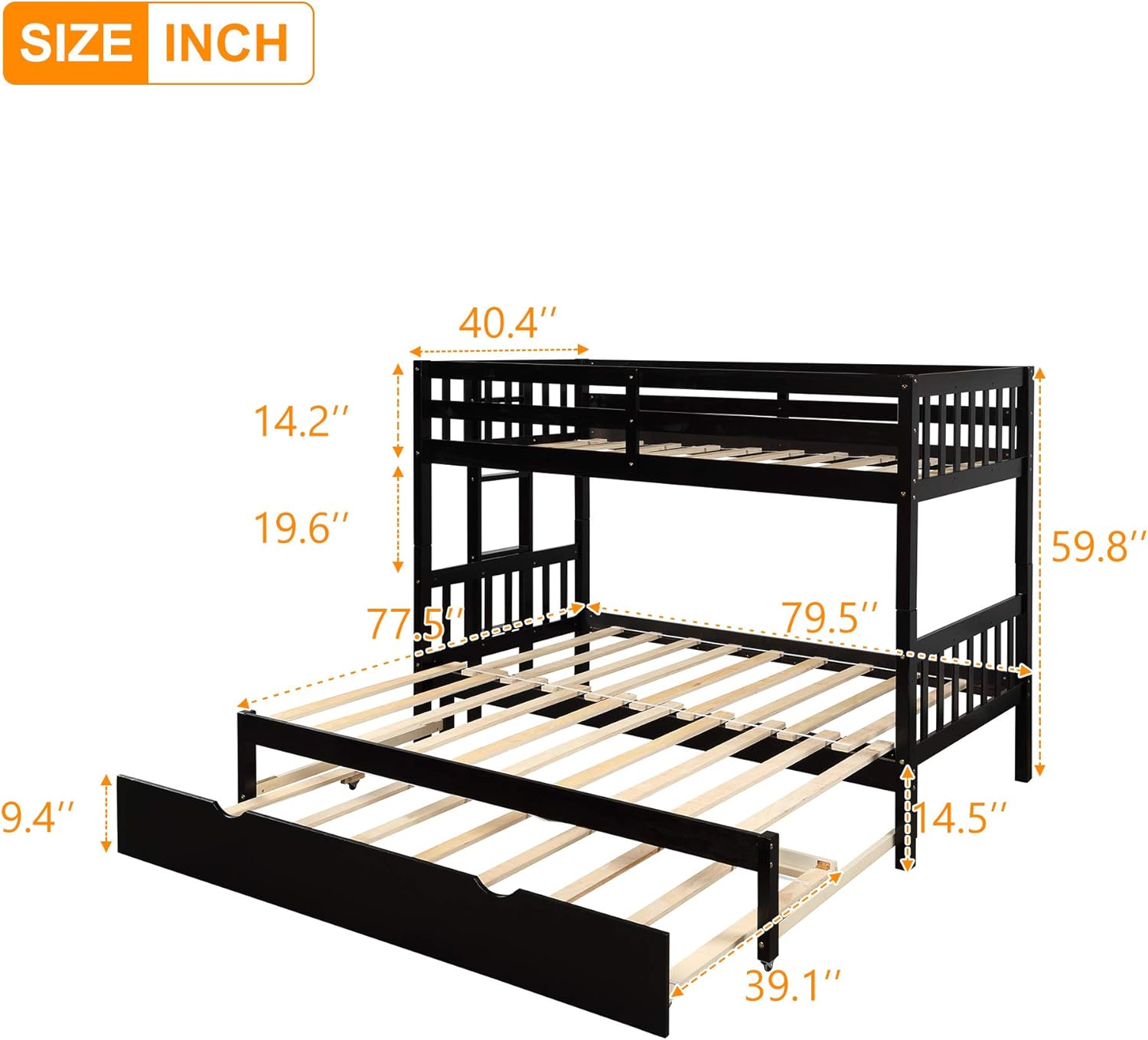 Buy KLMM Twin Over PullOut Bunk Bed with Trundle, Wooden Twin Over