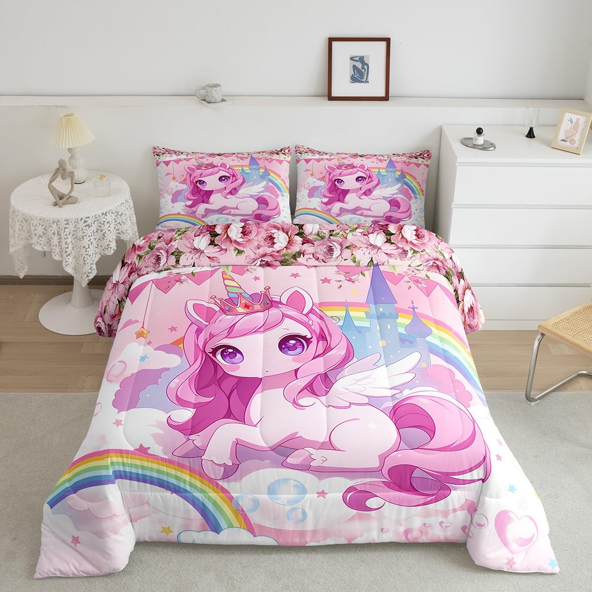 Juego de ropa de cama de unicornio para decorar el dormitorio con edredón de castillo de ensueño