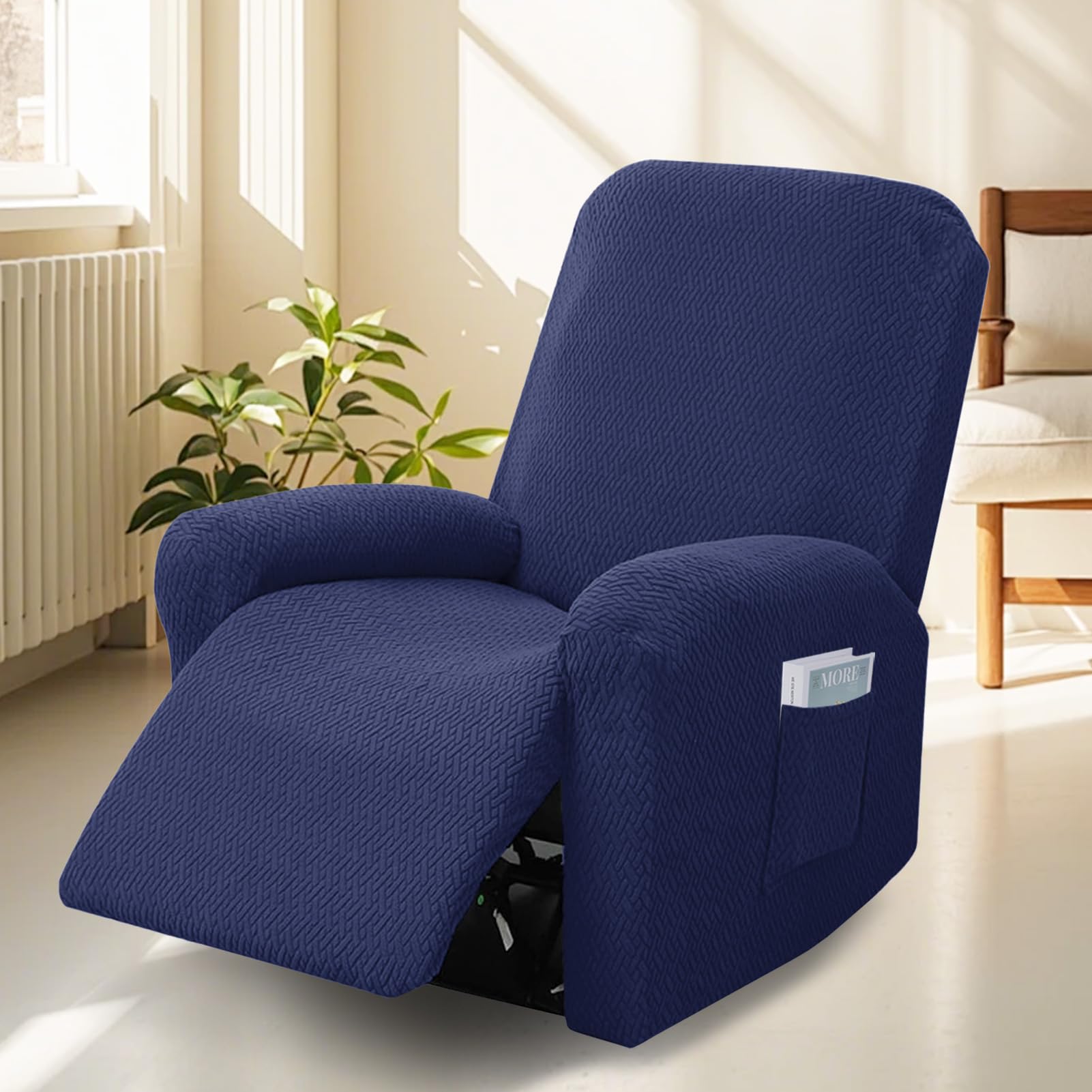 Bocguy Stretch Recliner Chair Cover, 4-Pieces Recliner Armchair Covers for Living Room Reclining Chair Slipcover with Side Pocket, High Spandex Slipcover/Lounge Cover, Slip Resistant