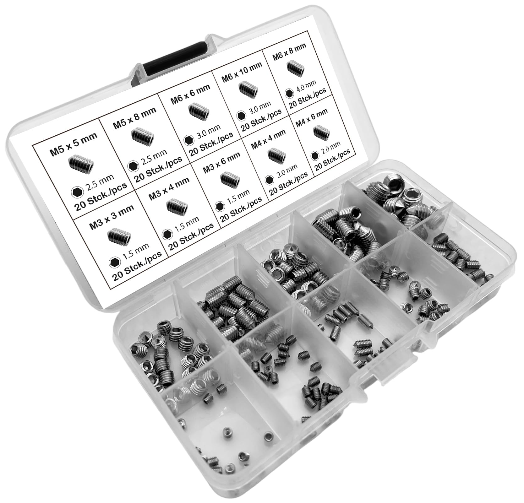Alkan Madenschrauben Set M3-M8 200-tlg. Edelstahl DIN 914 | Rostfreie Madenschraube / Gewindestifte mit Kegelspitze und Innensechskant, M3-M4-M5-M6-M8, kompatibel mit DIN 914