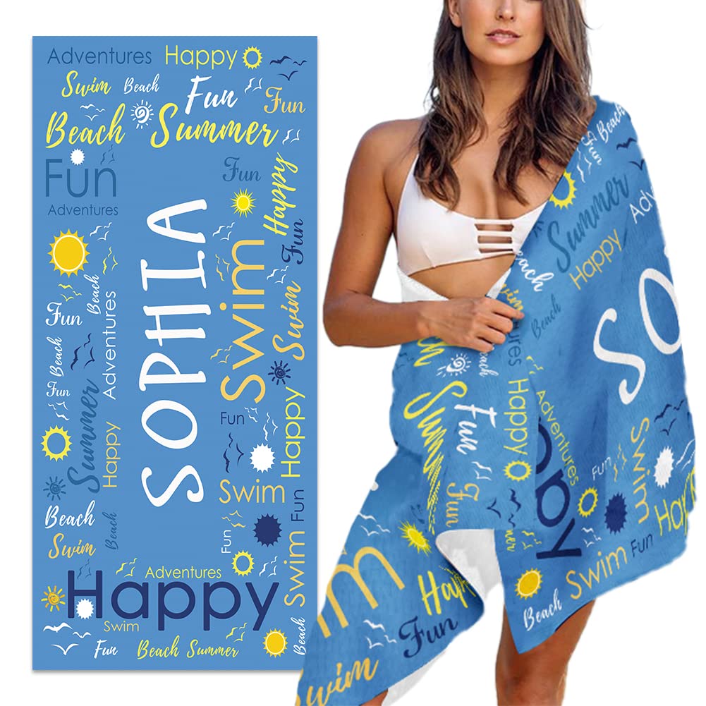 Personalized Beach Towel for Adults Sand Free Beach Towels Oversized Lightweight Custom Microfiber Pool Towels Personalize with Your Name-30x60 Inch-Blue
