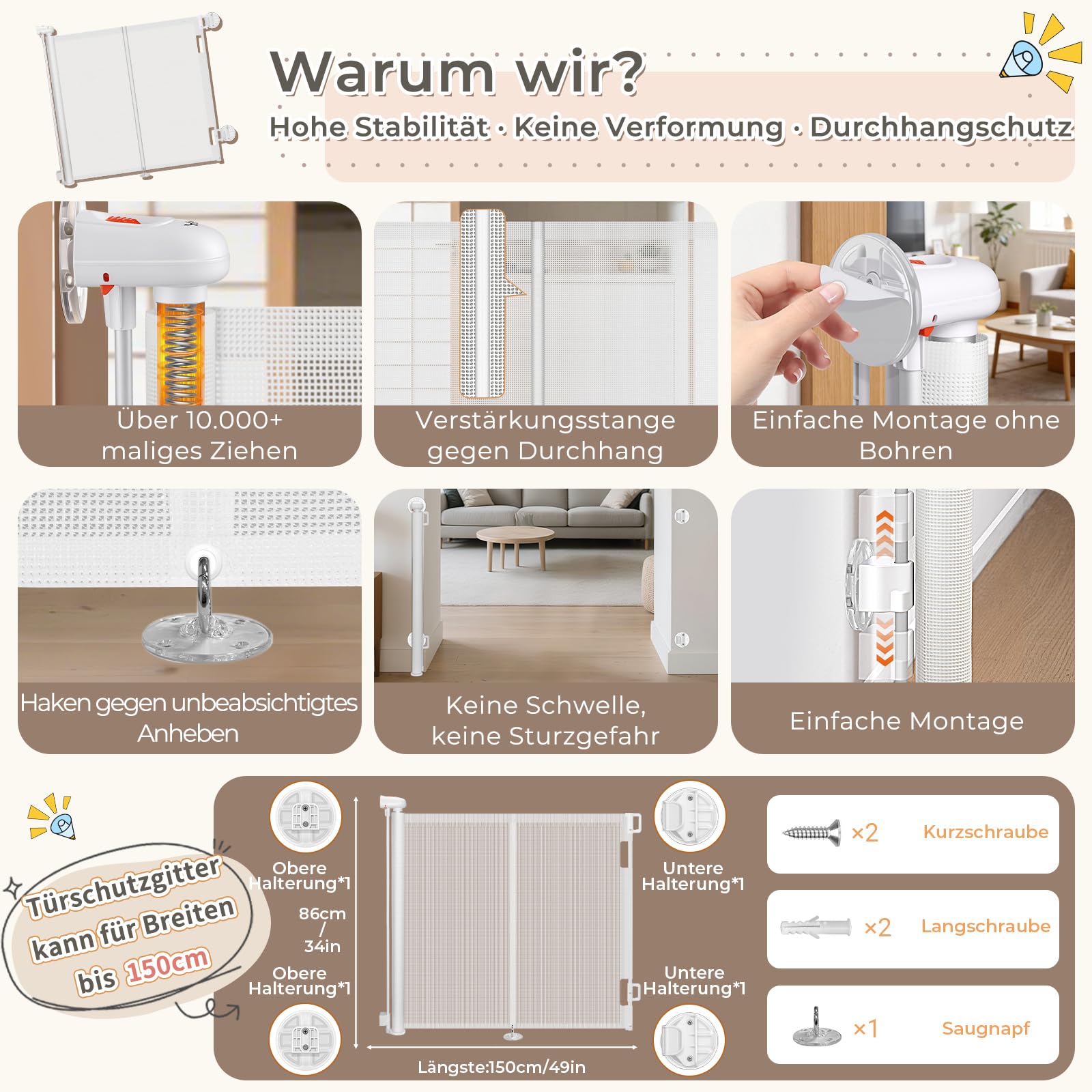 Ycozy Treppenschutzgitter Türschutzgitter Ausziehbar mit Stützstangen Treppenschutzrollo Türgitter Baby (Weiß, 150cm-Ohne Bohren)