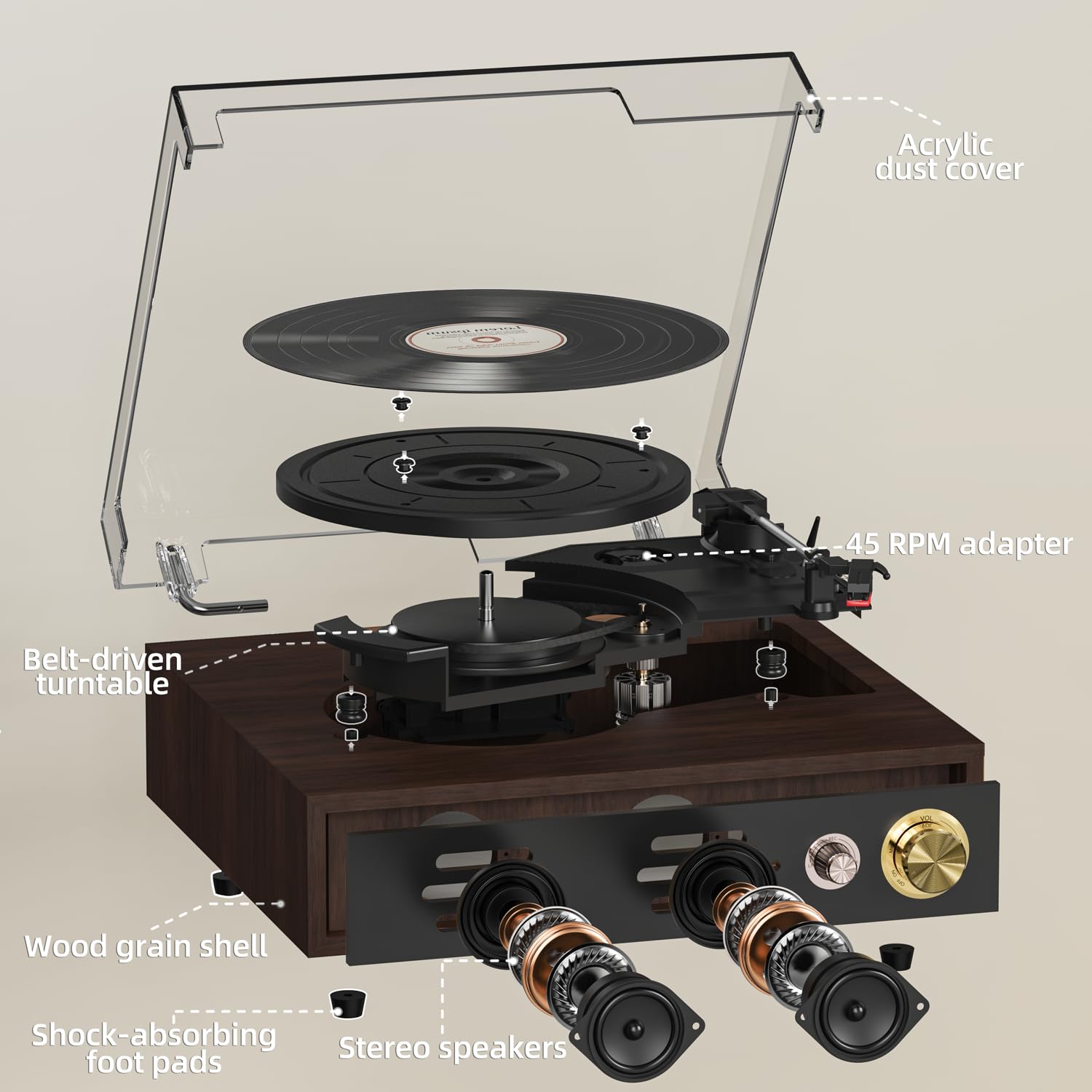 FYDEE Plattenspieler, Vinyl Schallplattenspieler mit Bidirektionalem Bluetooth 5.4, USB-Aufnahme Ohne PC & Wiedergabe, Retro Record Player mit 3-Gang & Dual-Lautsprecher, RCA-Ausgang, Rotbraun