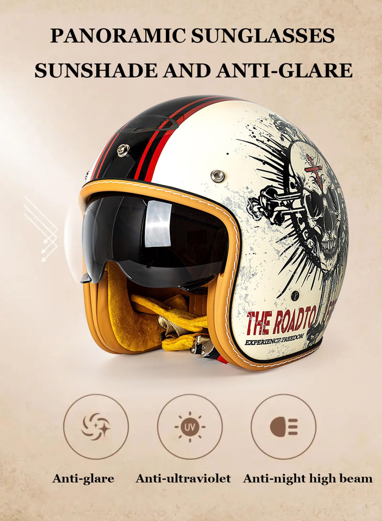 Caschi da Moto Jet 3/4 per Adulti, Omologati ECEDOT con Visiera, Casco Vintage da Uomo E da Donna per Ciclomotore, Cruiser, Bobber E Chopper(4,L=59~60cm)