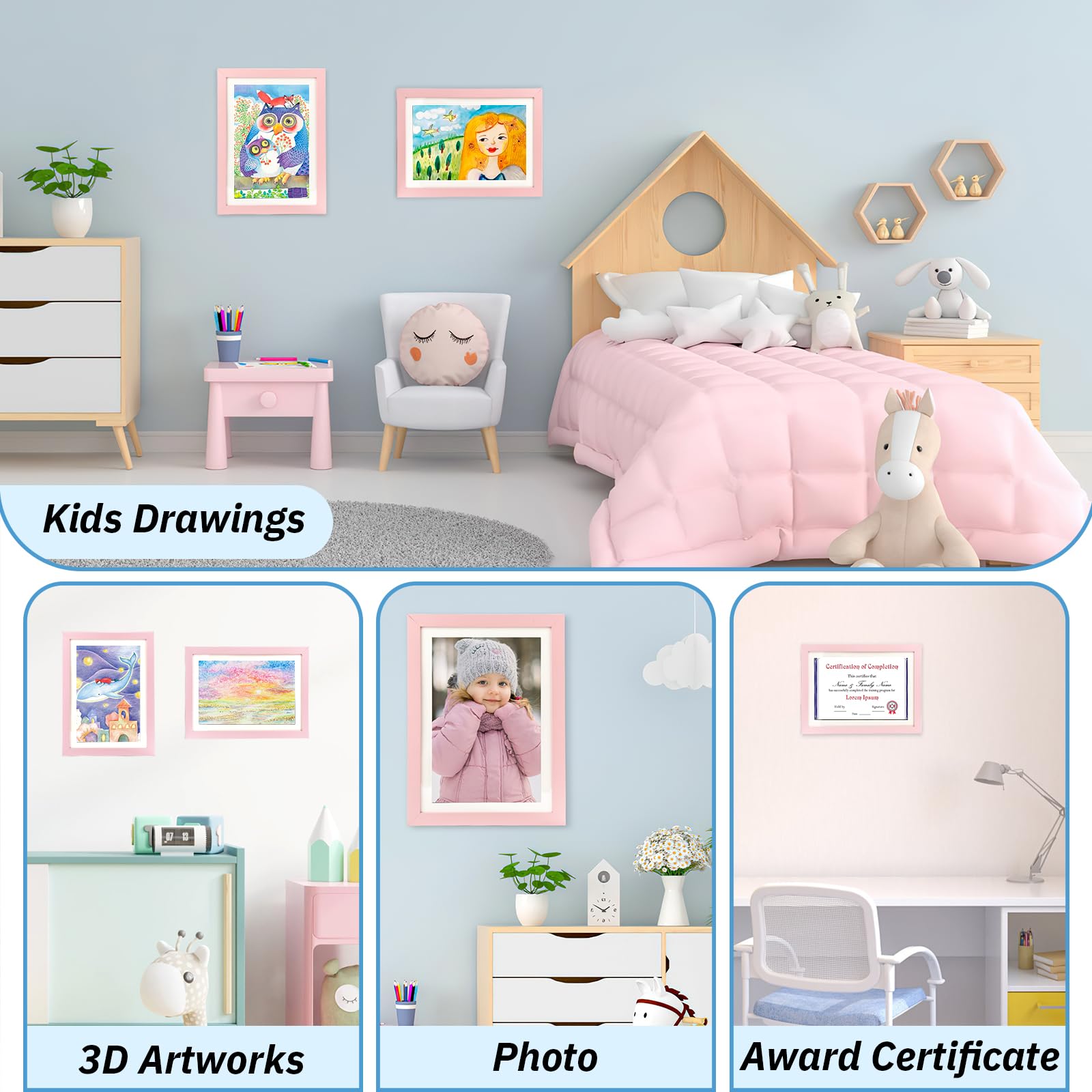 Cornice per Bambini A4 Apertura Frontale Cornice Artistica per Bambini Cornice Intercambiabile per Disegni di Bambini, Opere D'arte, Progetti Artistici (Rosa)