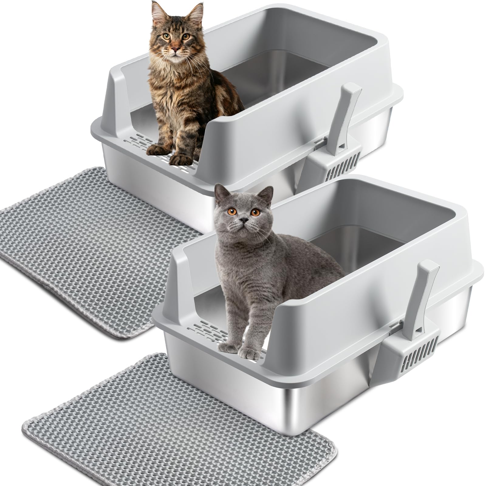 Stainless Steel Litter Box 2 Pack, Metal Cat Litter Box with Lid High Sides,XL Extra Large Litterbox for Big Cats,Non-Stick, Anti-Leakage,Easy to Clean,Include Litter Mat & Scoop,23x14.6x10in