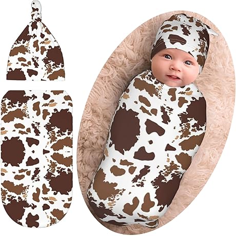 Adorable Cow Print Baby Swaddle Blanket and Beanie