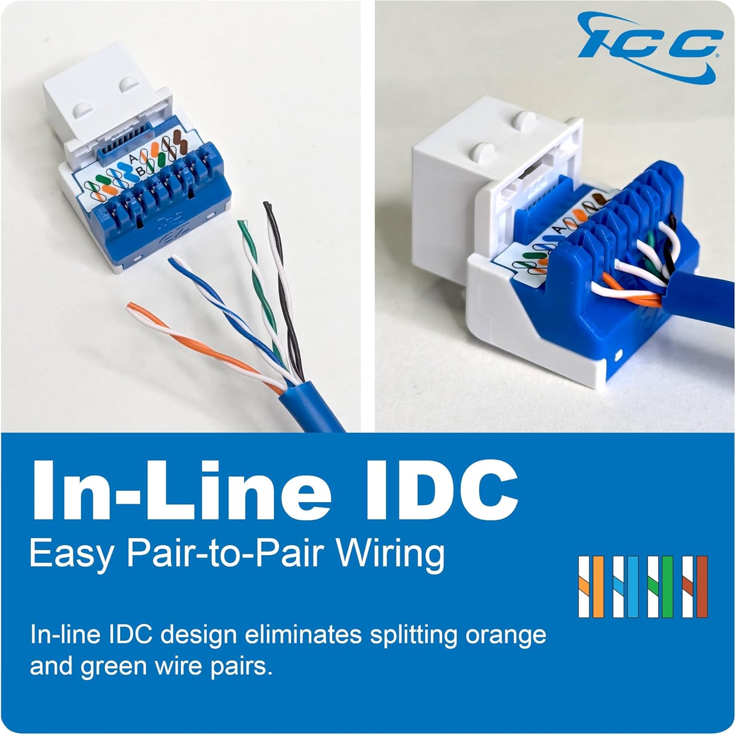 ICC CAT5e Keystone Jack with Inline IDC No Pair Split Wiring (Easier Termination) UL Listed PoE++ TAA VoIP Compliant for Wall Plate or Patch Panel, Works with JackEasy Termination Tool, Blue 25 Pack
