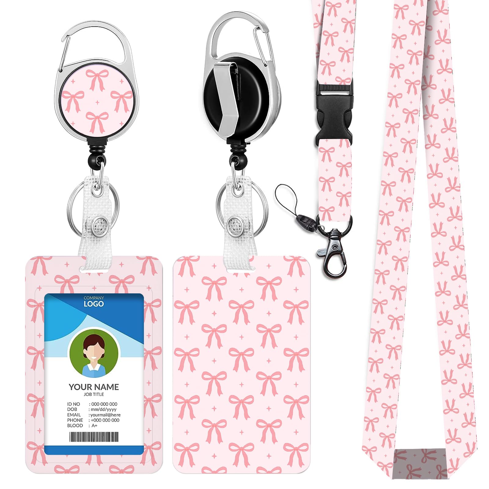 bolimoss Pink Bow Lanyard with Card Holder, Cute Detachable Lanyard Strap with Retractable Reel Clip, ID Badge Holder with Adjustable Neck Landyard, ID Card Name Tag for Women Teacher Nurse