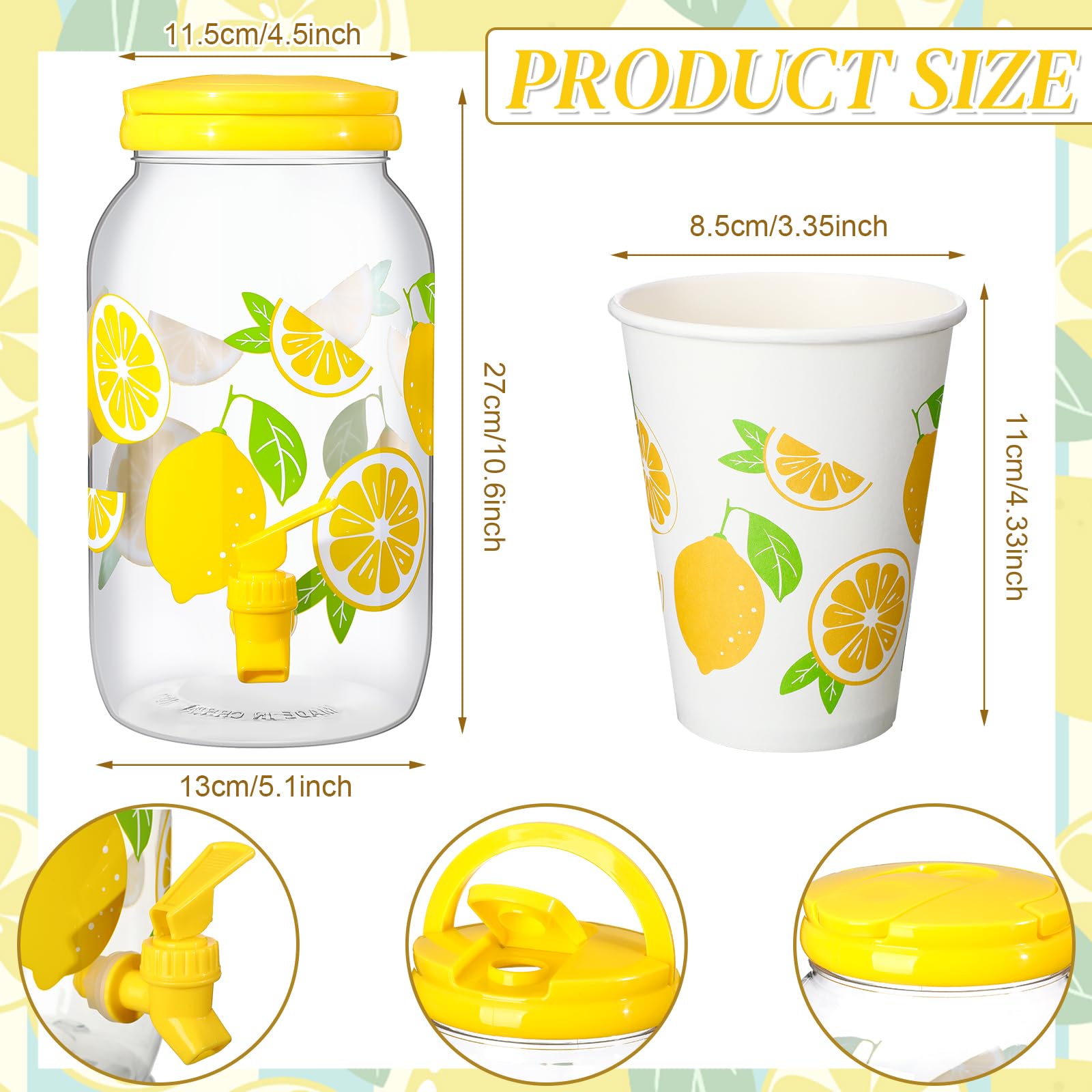 Umigy Dispensador de bebidas de plástico transparente de limón con 20 vasos de papel de limón de 12 onzas, dispensador de bebidas de 1 galón, dispensador de bebidas de plástico con espiga para jugo,