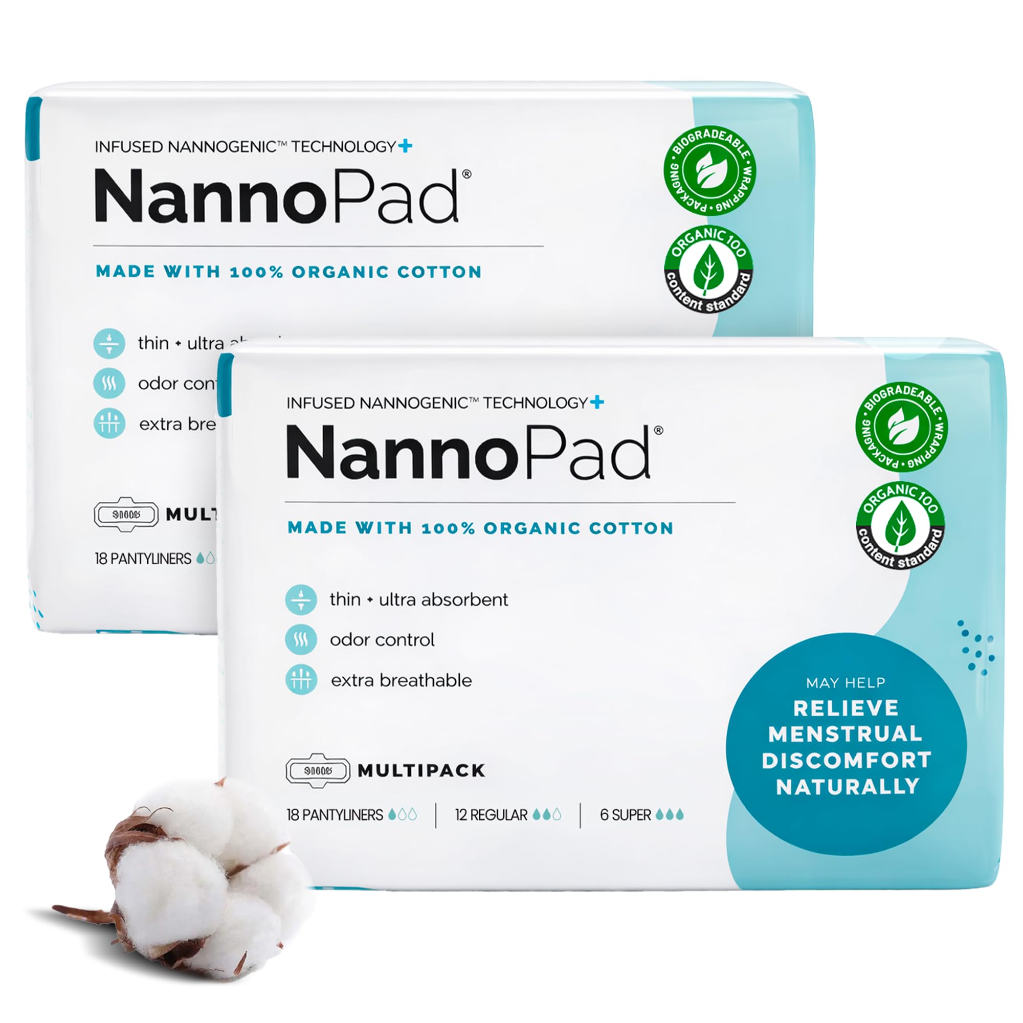 NannoPad Multipack Pads and Pantyliners - Certified Organic Cotton Pads - Regular, Super and Pantyliners for Full-Cycle Protection - Minimize Odors (