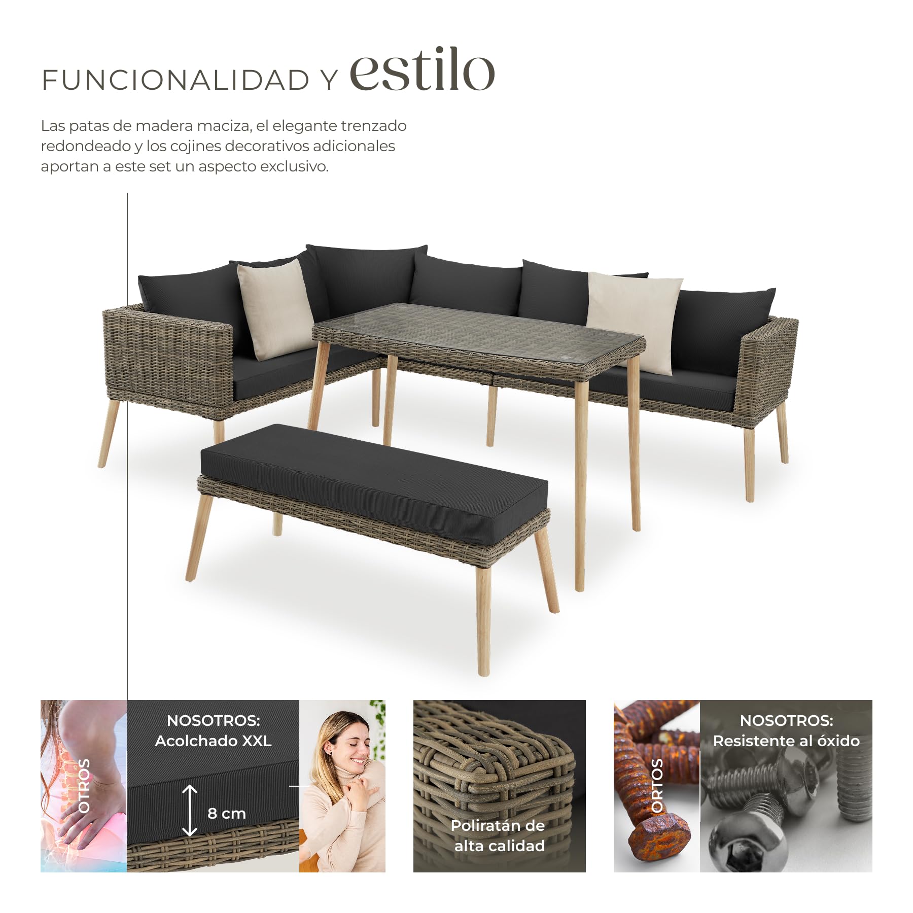 TecTake® Conjunto Jardín Combinable en Ratán y Aluminio, Cojines, Conjunto Terraza Resistente a la Intemperie, Muebles Jardín Exterior 1 Sofá, 1 Banco, 1 Mesa con Cristal, Fundas Extraíbles - Natural