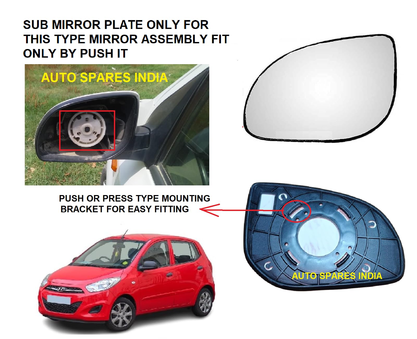 STYCARO-ORVM Side View Mirror Glass/Sub Mirror Glass Plate compatible with Hyundai i10 2007-2014 Model (I10 IST GEN MIRROR SHAPE 1, LEFT PASSENGER SIDE) - Image 2 thumbnail