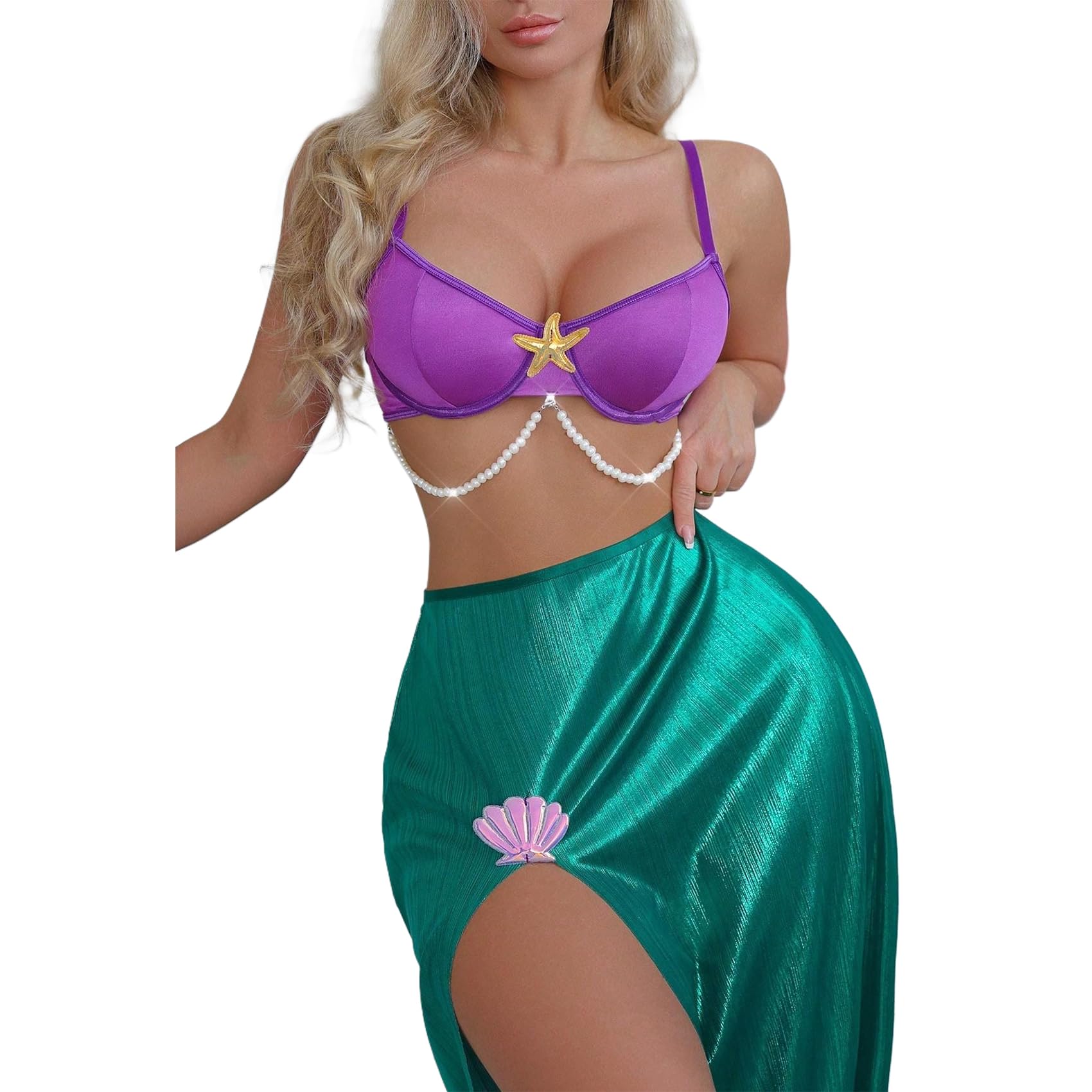 JasmyGirls Costume da principessa sirena per Halloween, da donna, a due pezzi, con reggiseno a stella marina e vestito con conchiglie