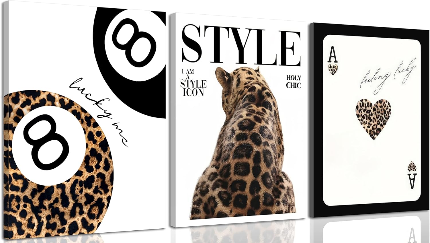 3Pcs Fashion Leopard Canvas Wall Art Cheetah Stylish Lucky 8 Ball and Cards Painting Picture Wall Decor College Style Room Aesthetic Print Artwork for Girls Bedroom Apartment Dorm Home Decoration