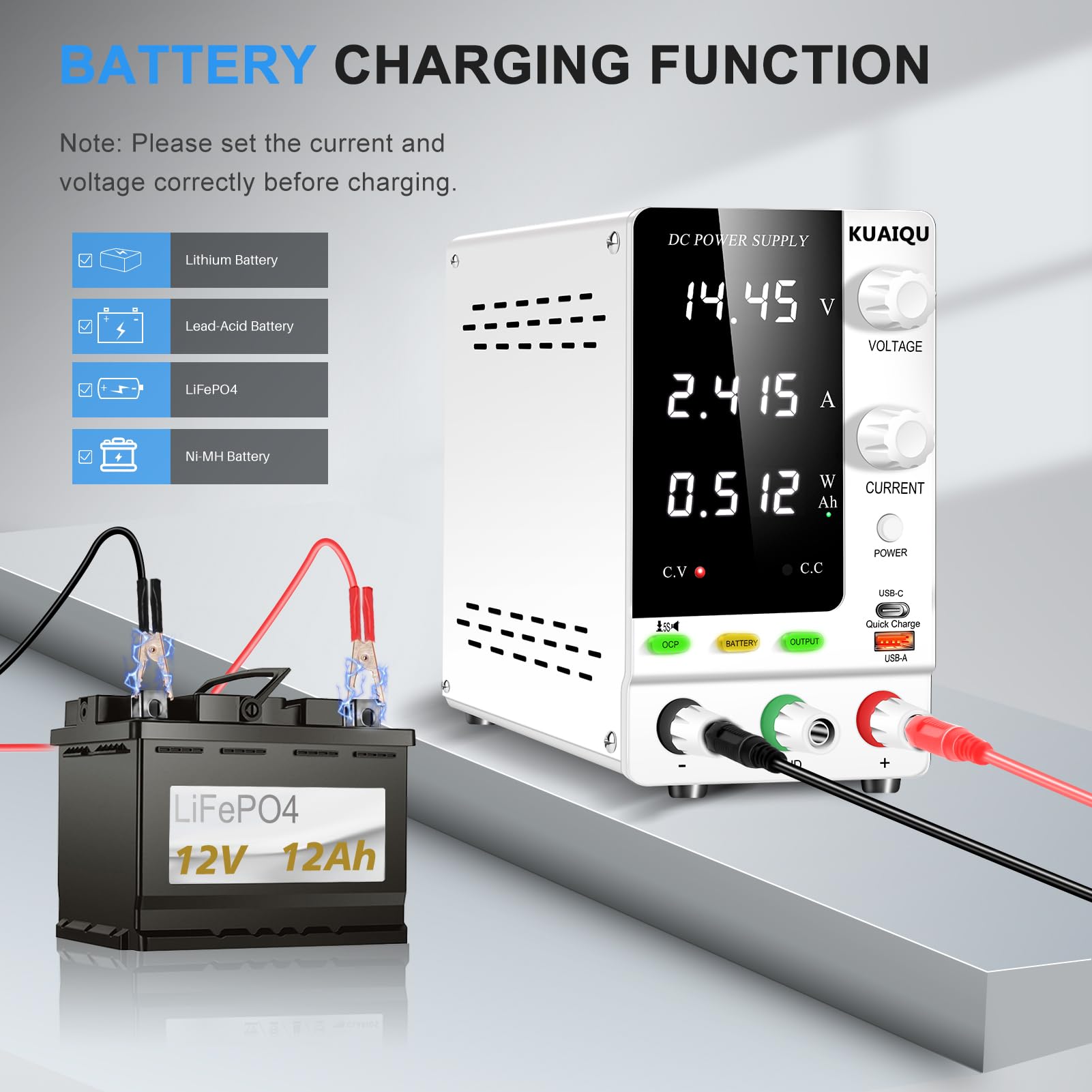 Alimentatore da Labotorio 30V 10A Encoder Alimentatore DC Regolabile 1V~24V Batterie Caricabatterie con 18W USB-A/C Carica Rapida Porto/Output Pulsanti Alimentatore Banco Stabilizzato
