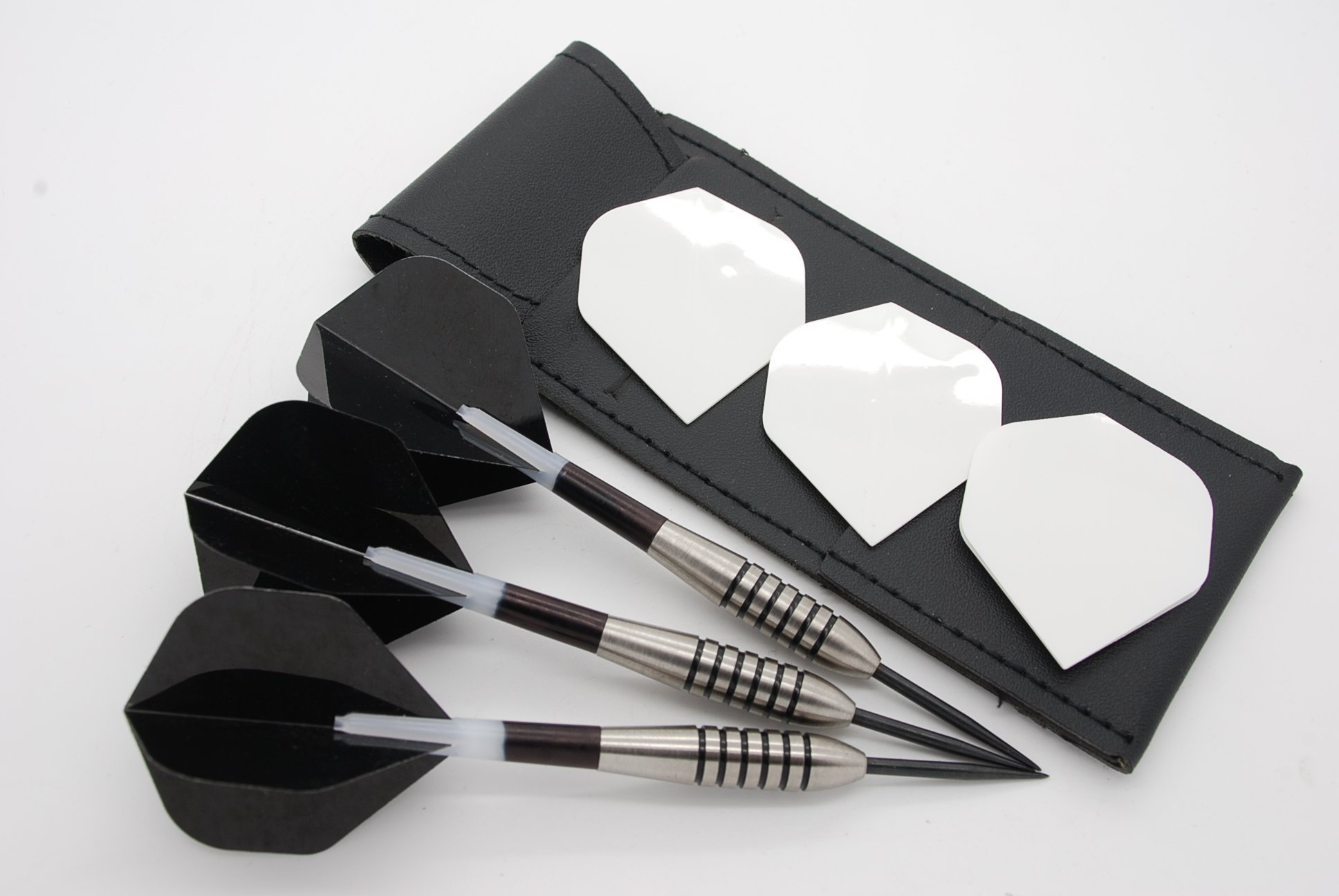 John Lowe 21g-28g 85% Tungsten Darts Set, John Lowe Type Barrels, 2 Sets of Flights, 2 Tone Black/White Stems, Leather Case