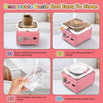Mini Pottery Wheel, Couleeur 2000RPM & 10/6.5cm Turntable Electric Pottery Wheel, Adjustable Speed Pottery Wheel Kids with Shaping Tools for Children & Begainner DIY Shops, Pottery Teaching(Pink)