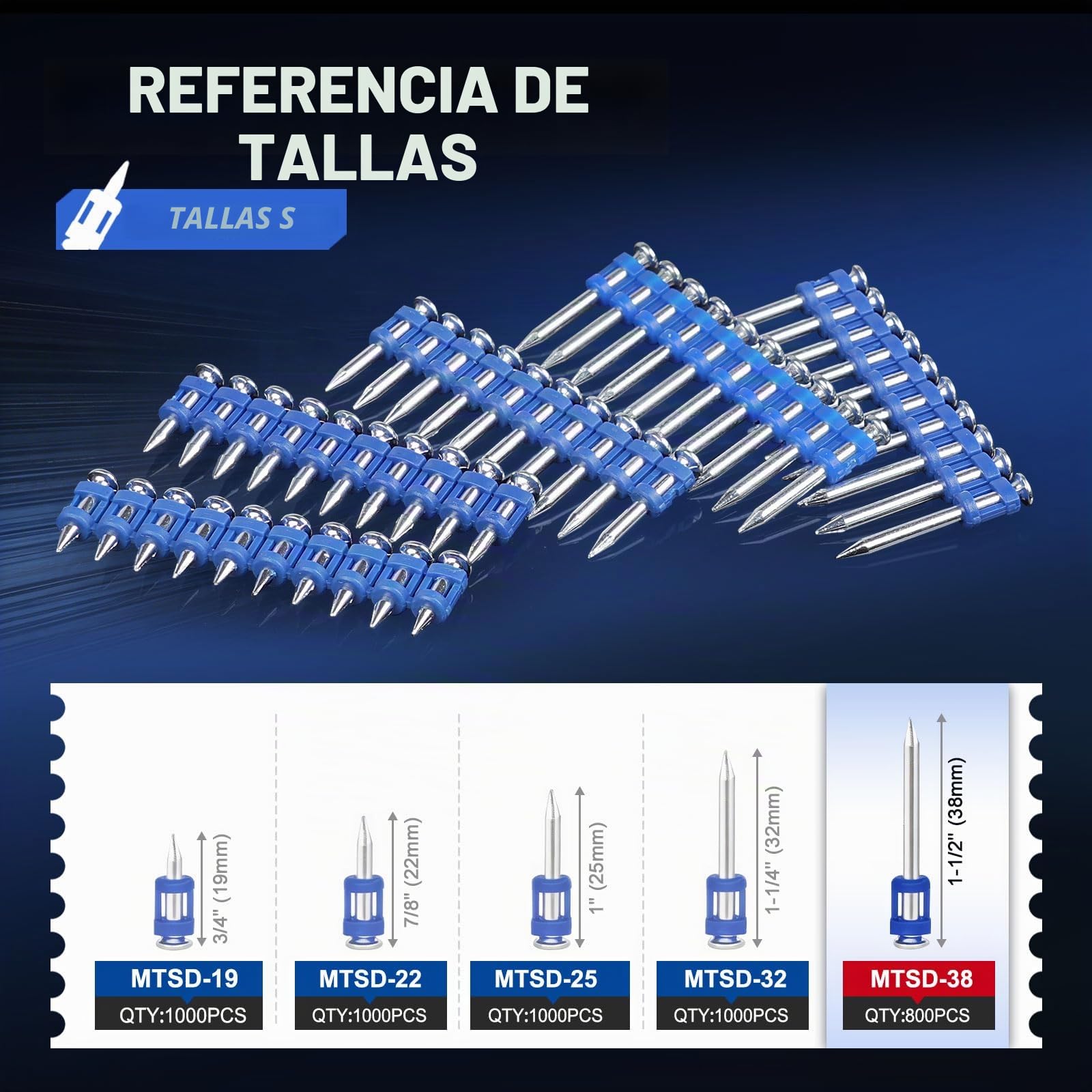 KIMSING MTSD-38 12GA clous pour béton 38mm 1000 pces pour portes | Galvanizado grueso anticorrosión, tira plástica para carga fácil, 38mm, para puertas, ventanas y techos