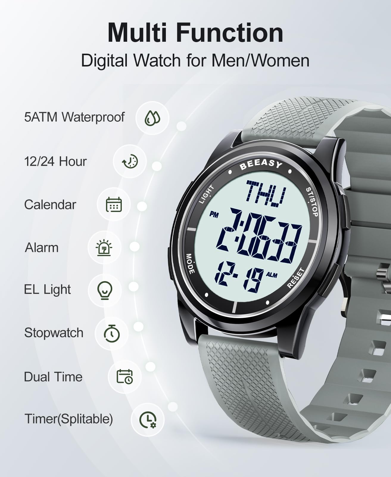 Beeasy Orologio digitale impermeabile con cronometro, sveglia, conto alla rovescia, doppio fuso orario, ultra sottile, super grandangolo, orologio da polso digitale per uomo e donna