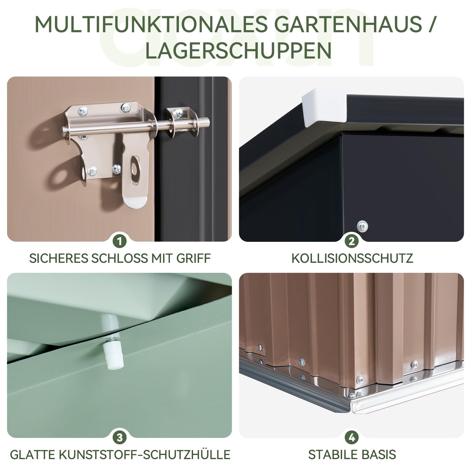 Aoxun Gartenhaus mit Standfuß, verzinktes Metallschuppen mit Schiebetür, Werkzeugaufbewahrung, Fahrradschuppen, Braun