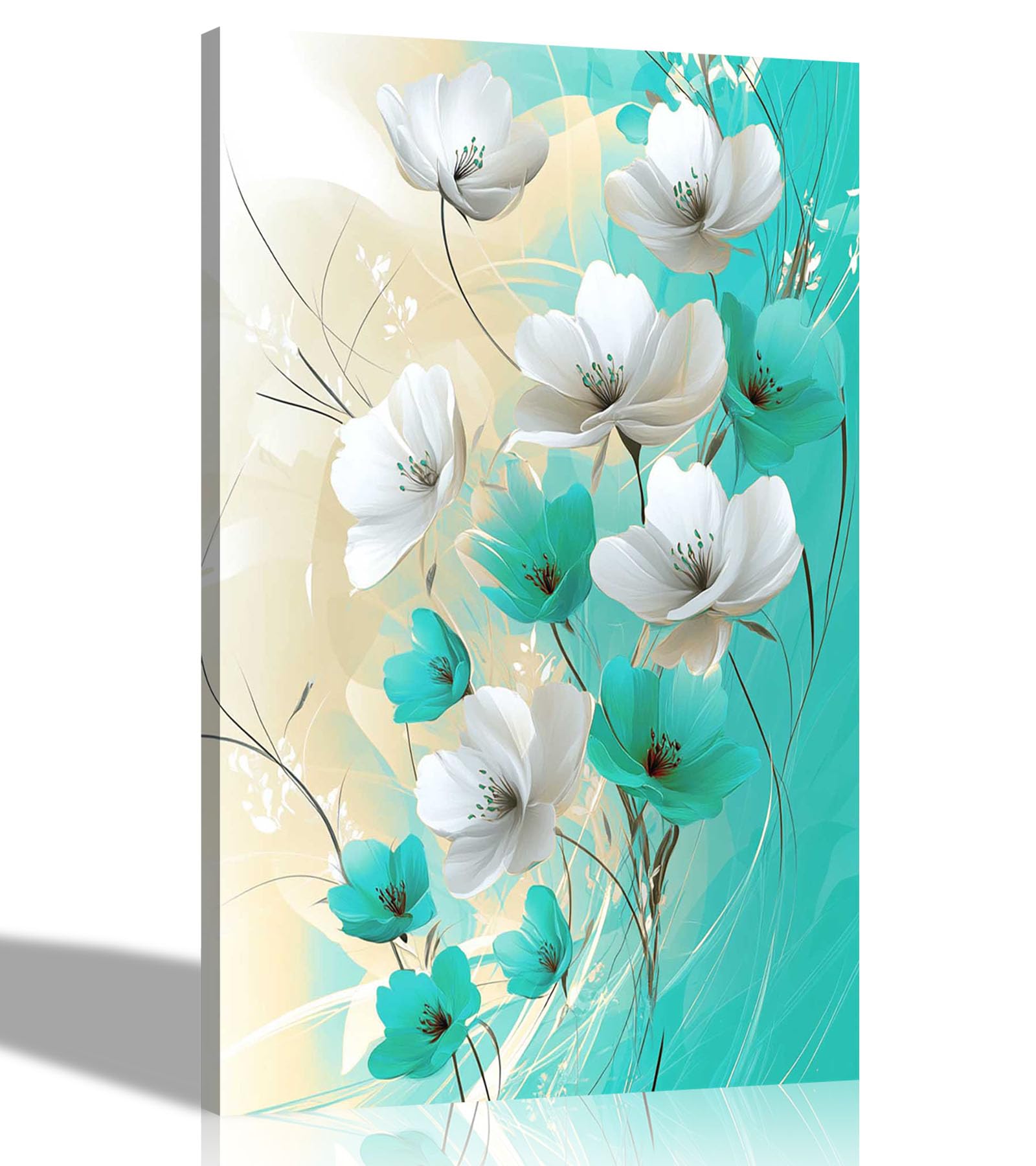 Artley Prints Abstract Flower Teal White - Teal White Abstract Flowers Modern Art Floral Canvas Prints Art For Living Room, Conservatory, Hallway 60 X 40Cm (24 X 16 Inches) A2