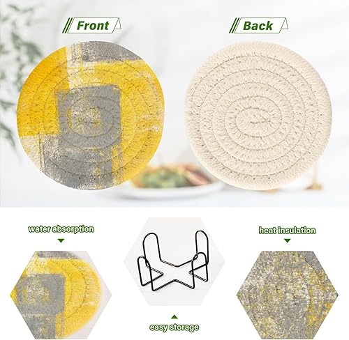Miniatura 4 de Coasters Absorbent and Holder Set of 6 Drink Coasters for Tabletop Cotton Coasters Posavasos para Mesa Abstract Grey Yellow