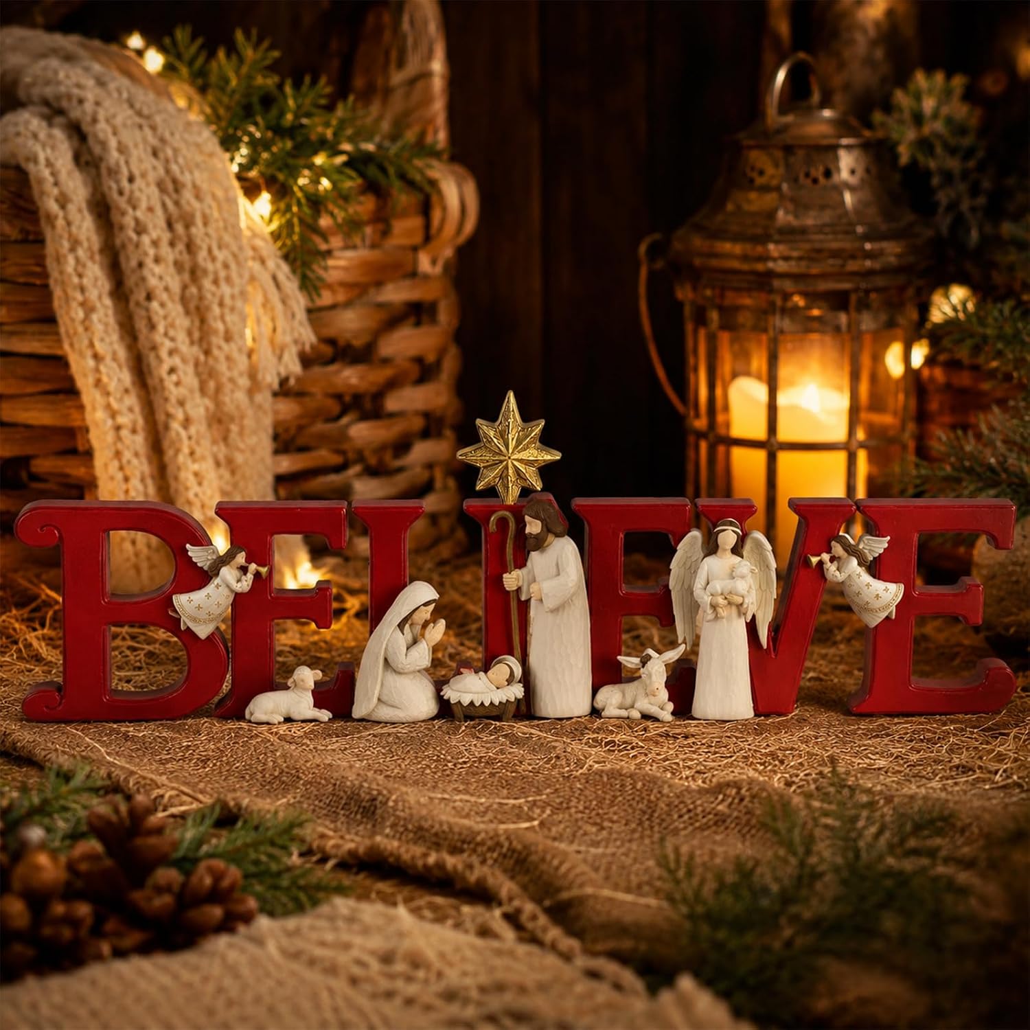 Yalikop 1 Pcs Red Jesus Nativity Believe Sign Resin Christmas Decor